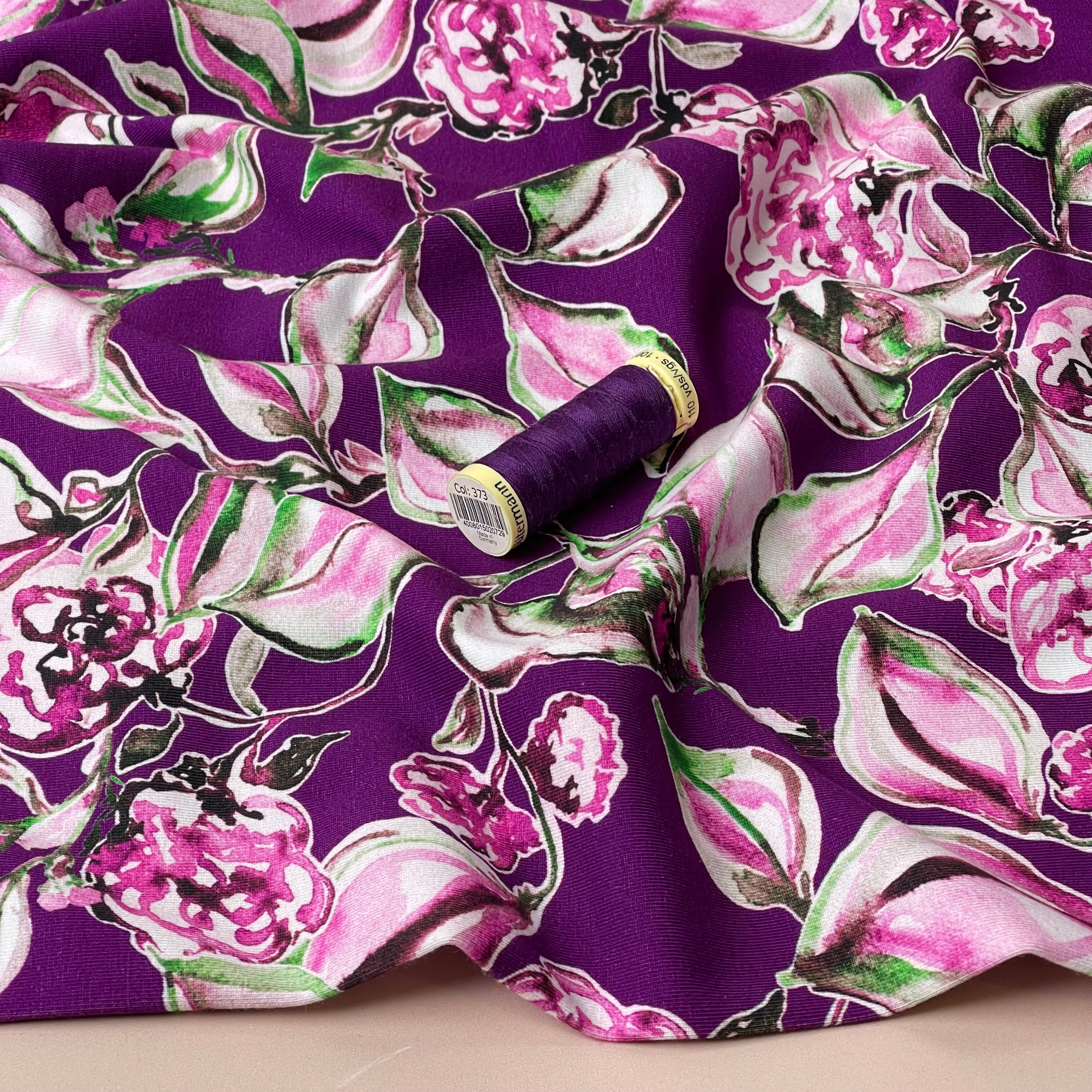 Danish Design - Painterly Flowers on Purple Cotton Jersey Fabric