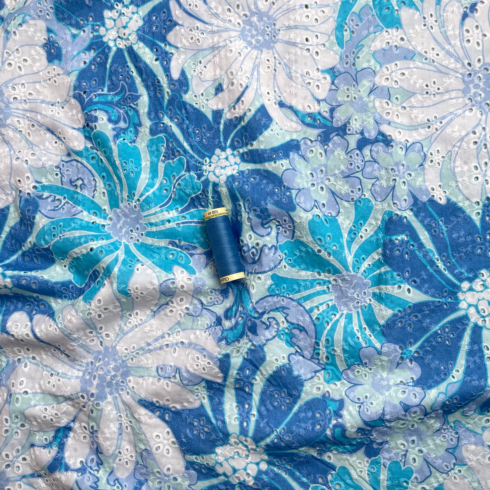 Aqua Flowers Cotton Broderie Anglaise