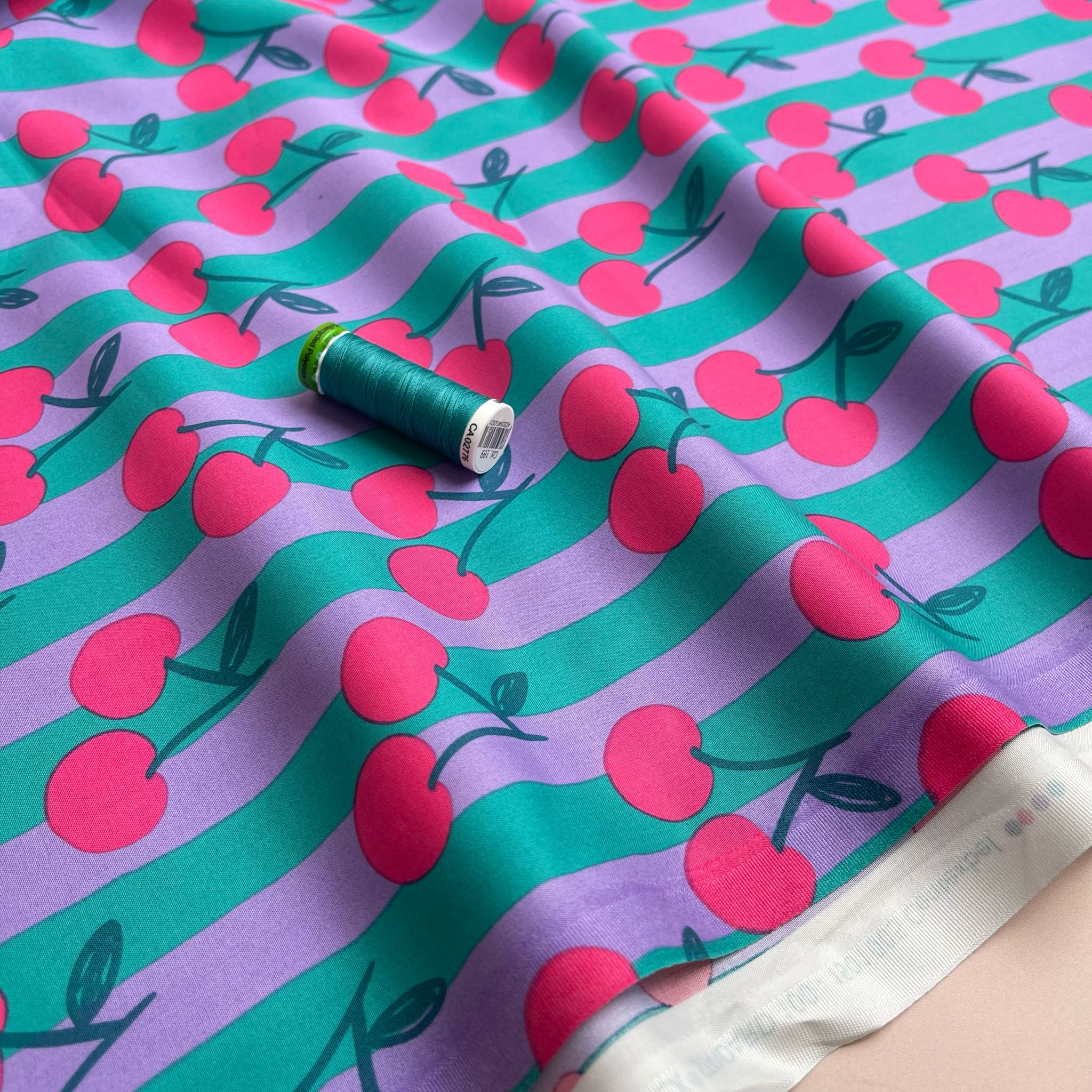 Funky Cherry Stripes on Teal Cotton Poplin Fabric