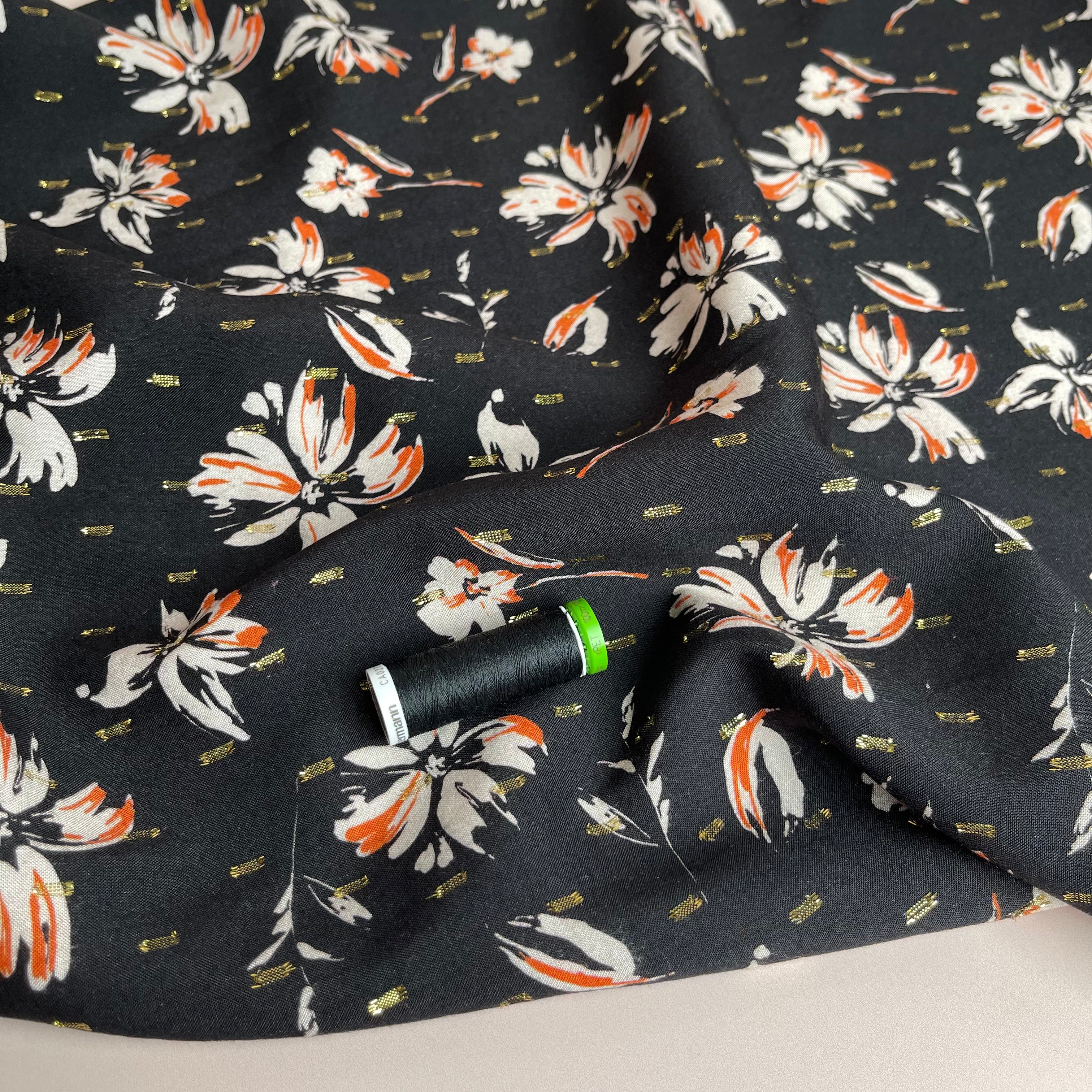 Flowers on Black with Lurex Viscose Fabric