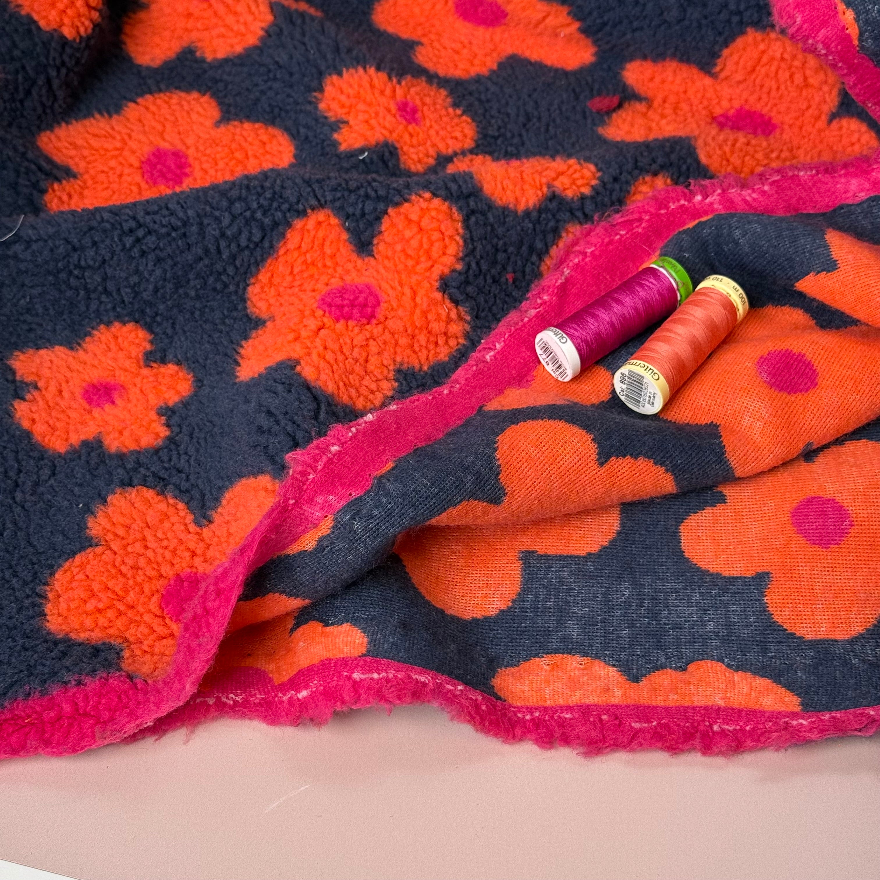 Flowers on Navy Teddy Coating Fabric