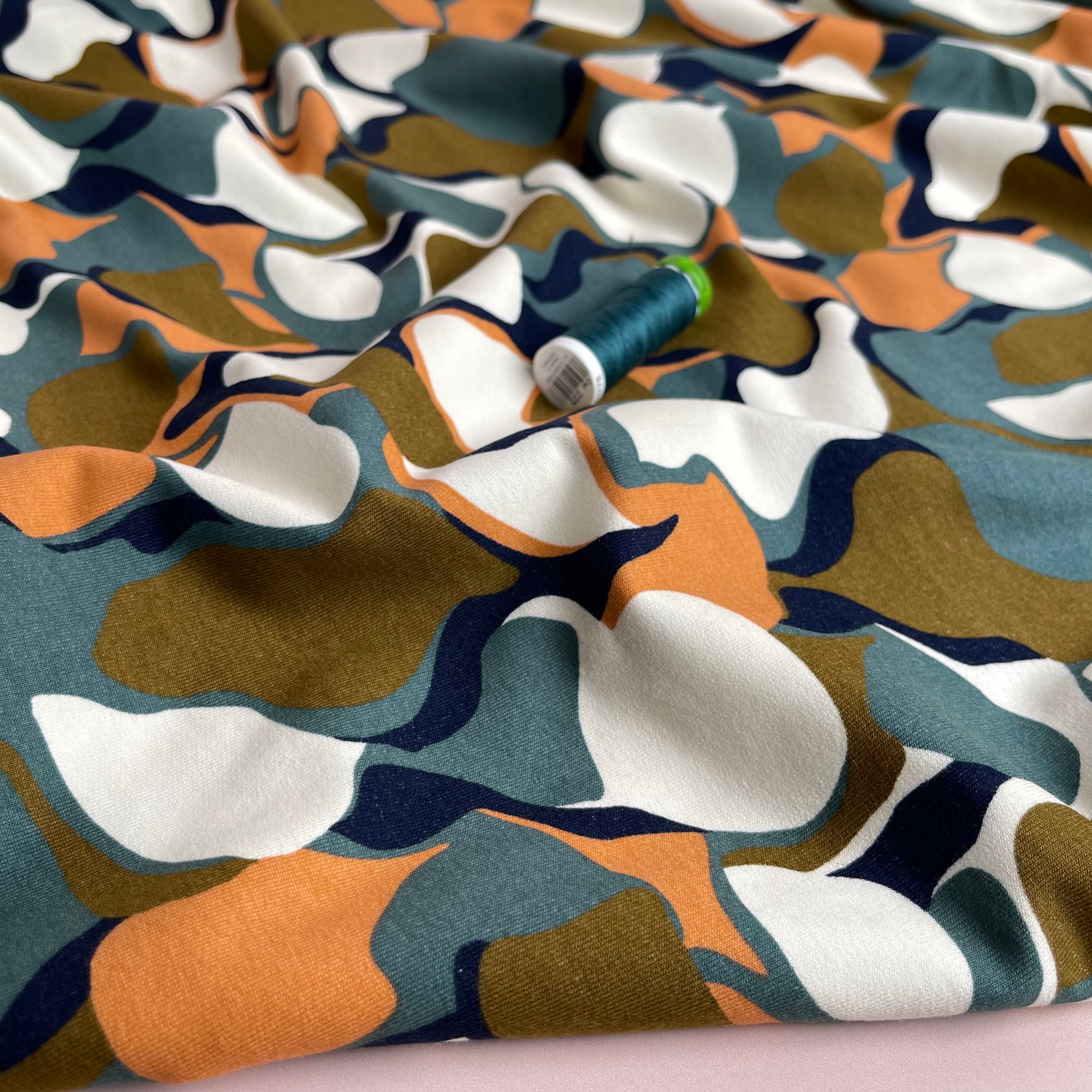 Abstract Shapes in Green Peach Soft Cotton Sweat-shirting Fabric