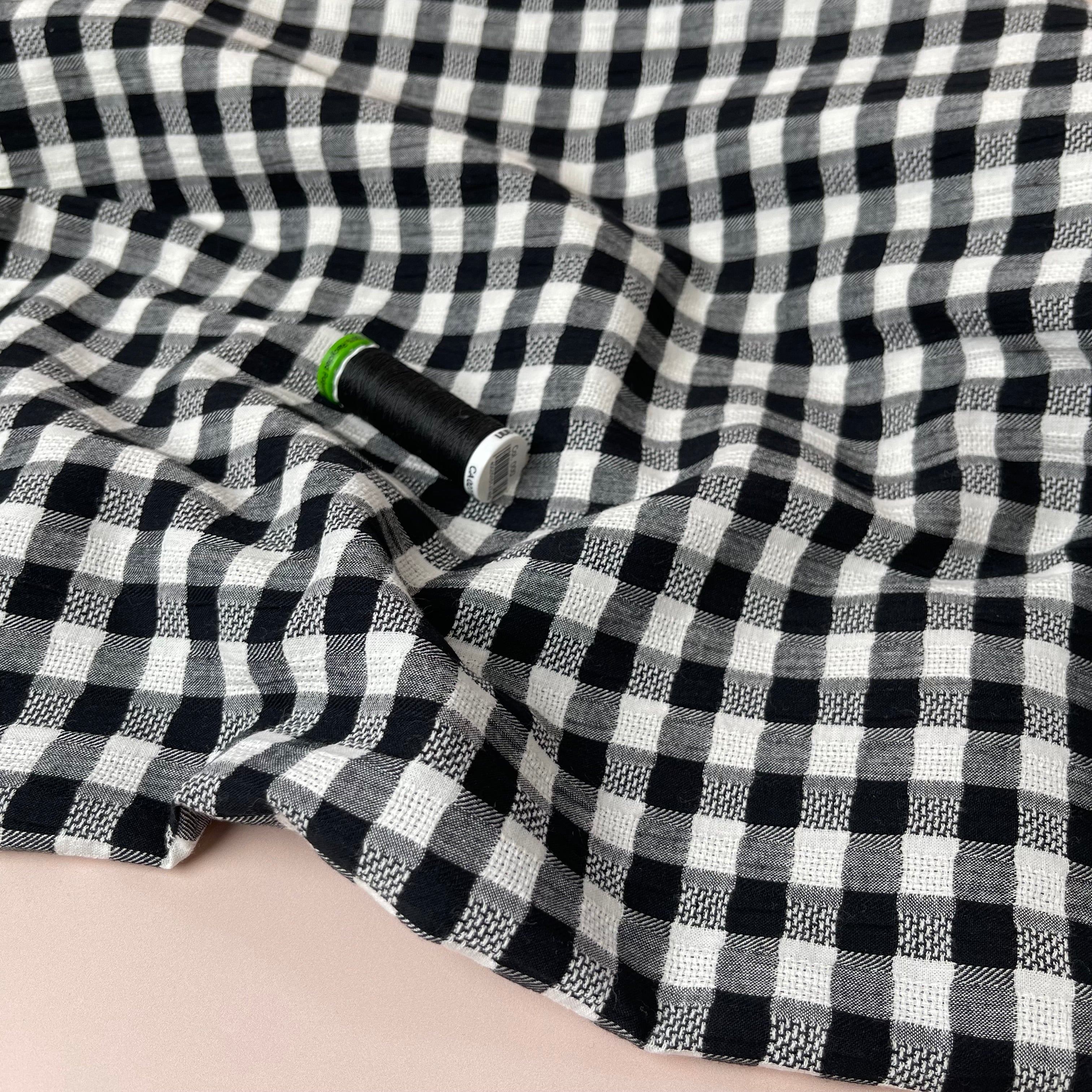 Black Gingham Cotton Seersucker Fabric