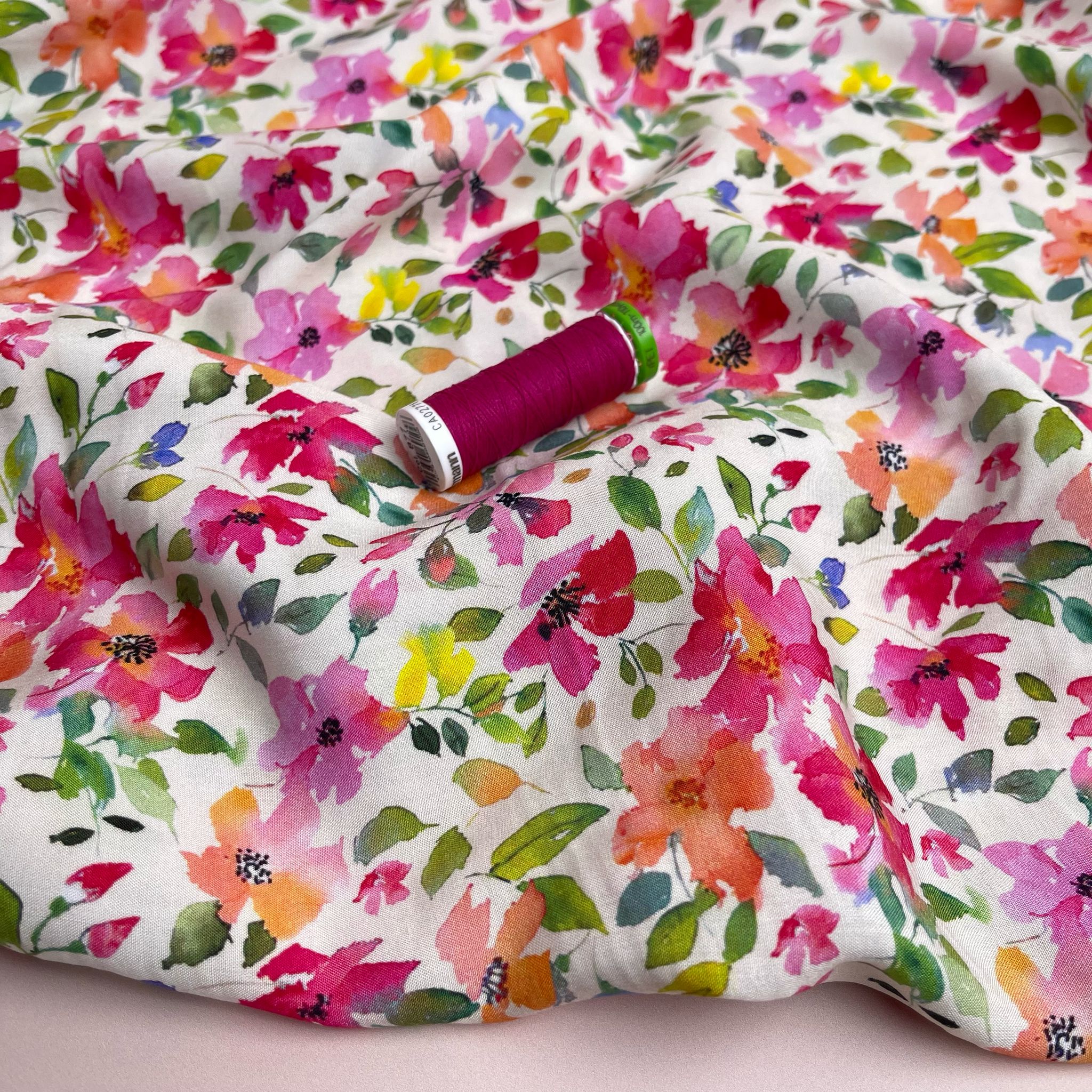 Magenta Spring Blossoms Viscose Fabric