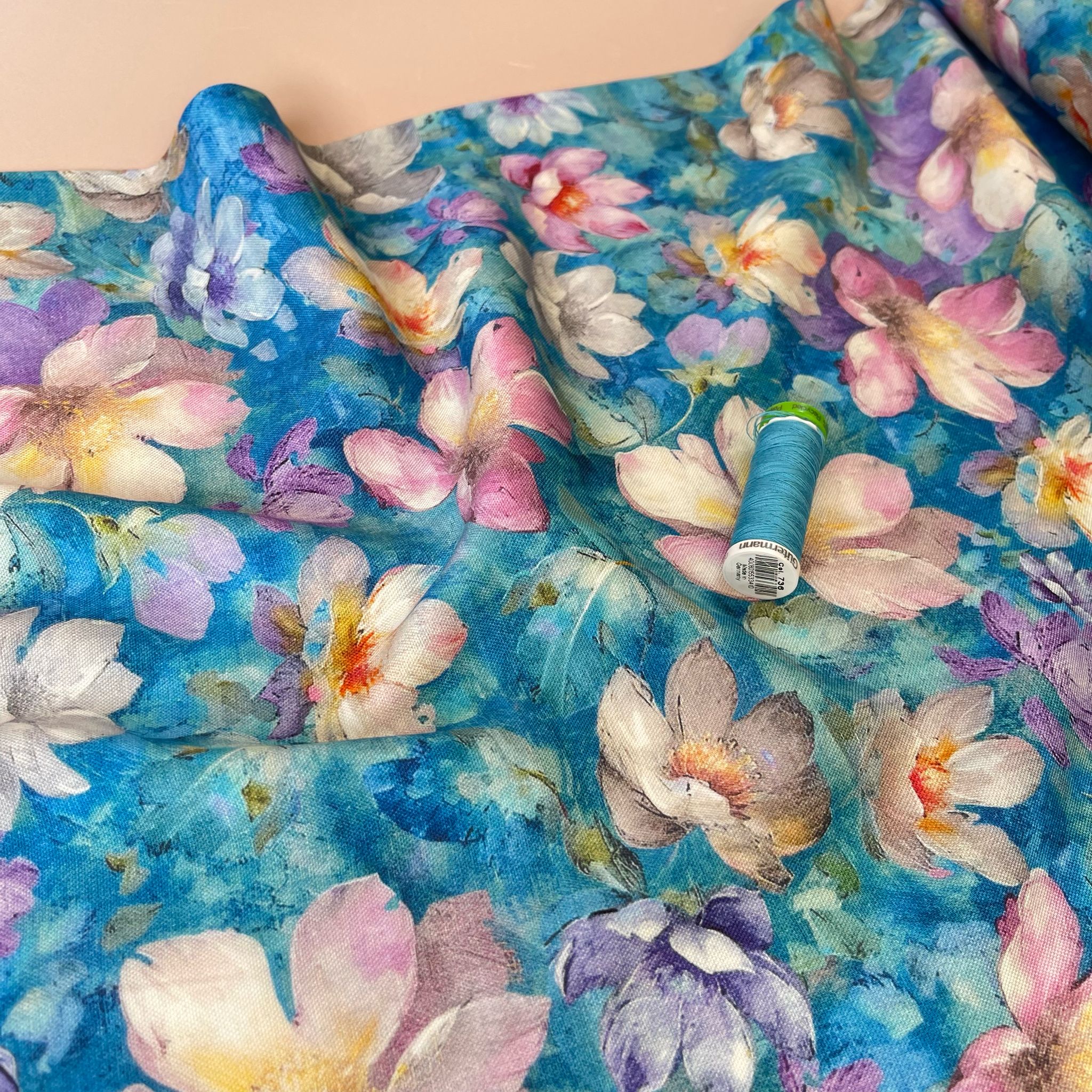 Painted Turquoise Flowers Viscose Linen Fabric
