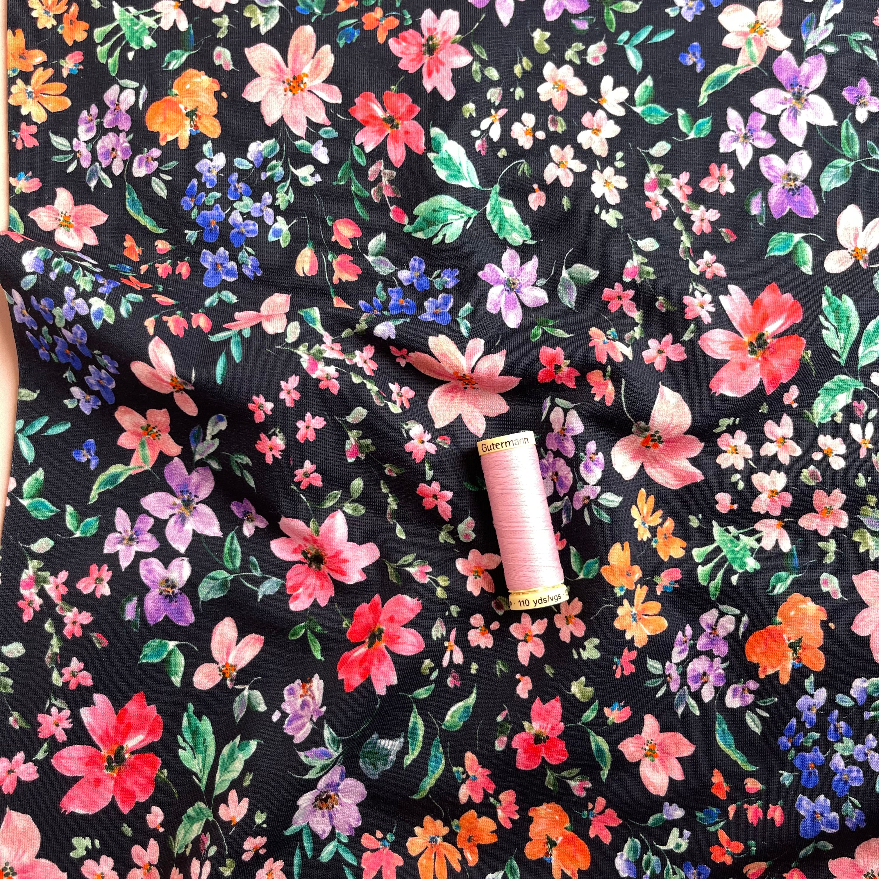 REMNANT 2.65 Metres - Small Flowers on Navy Cotton French Terry
