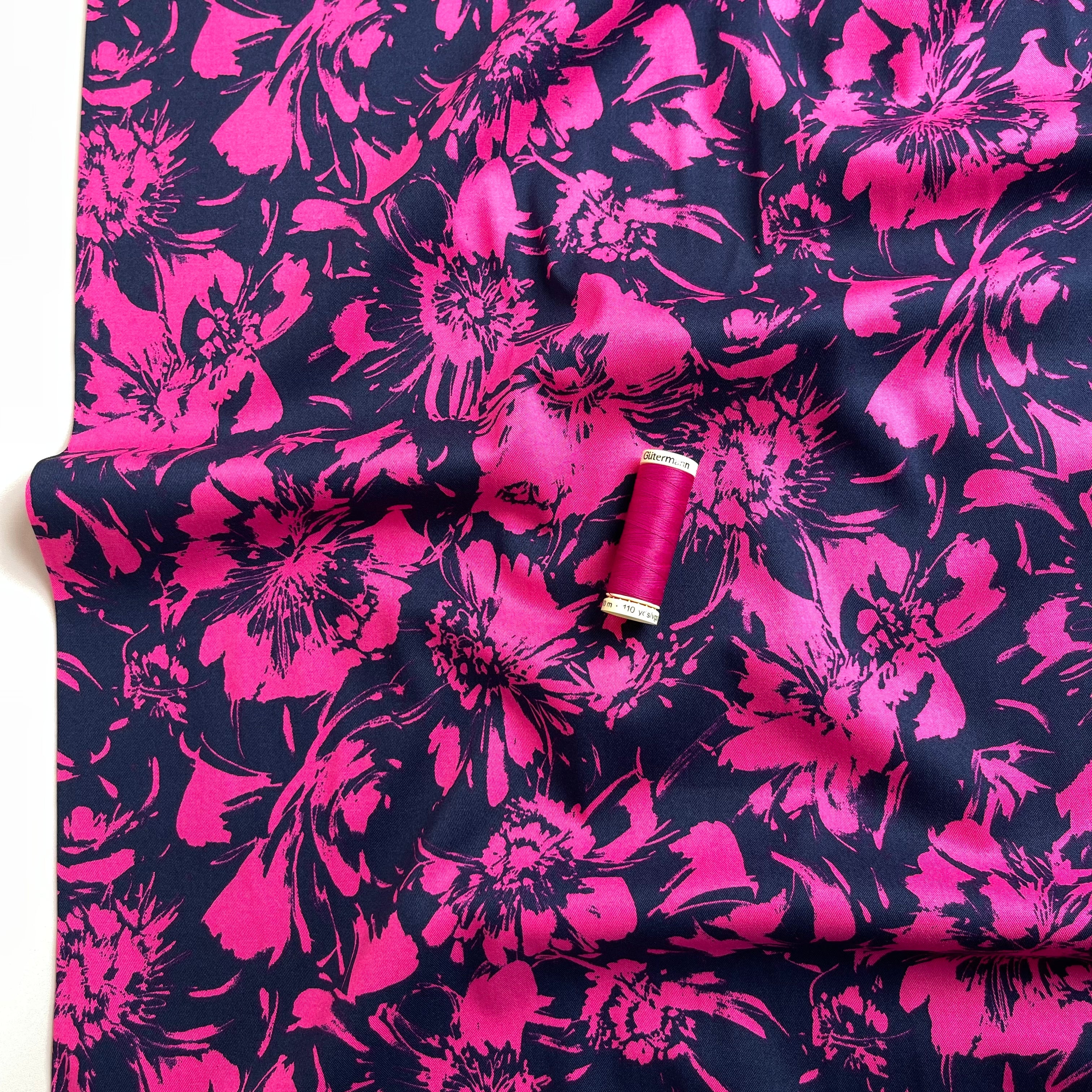 Rosella Fuchsia Blooms on Dark Navy Stretch Viscose Twill Fabric