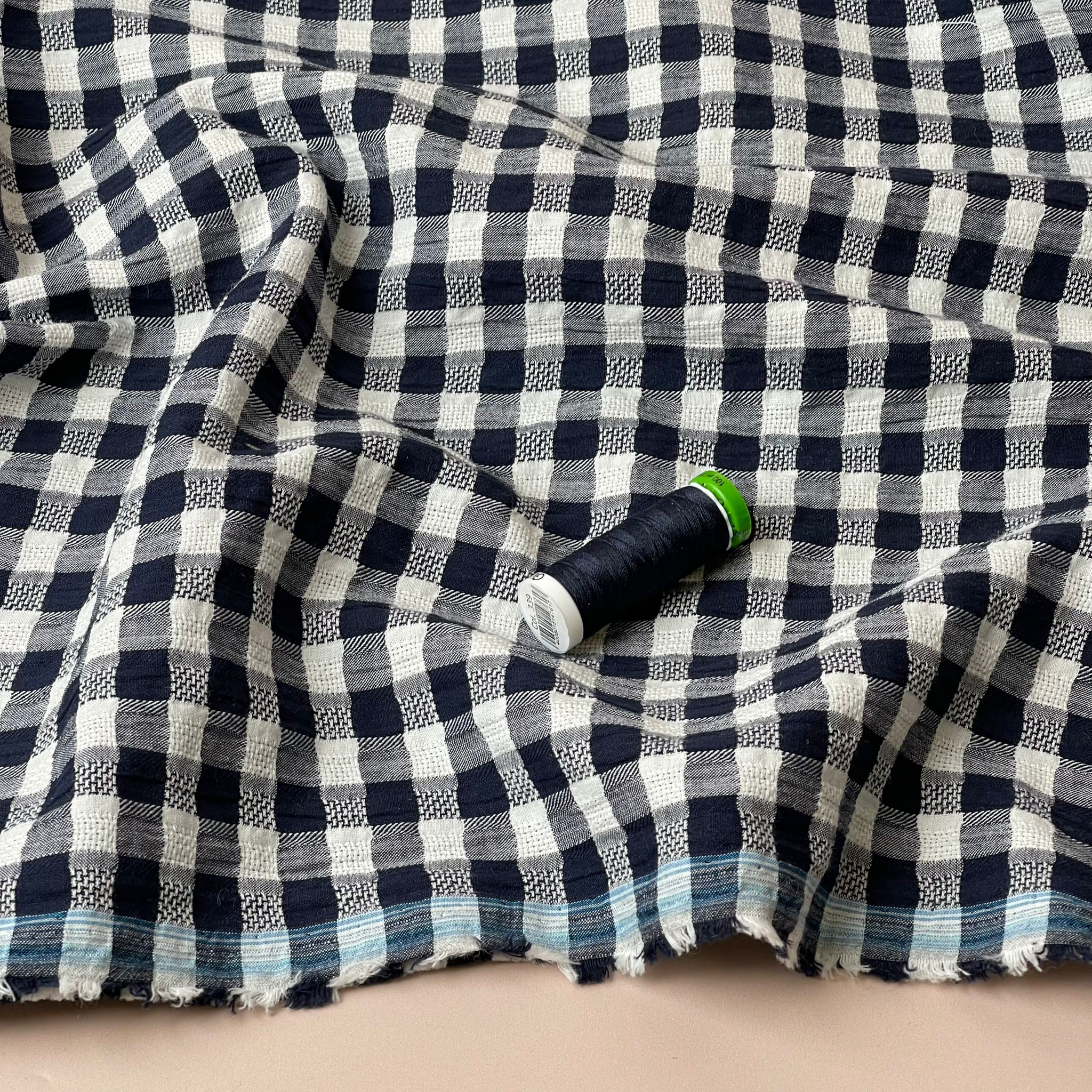 Navy Gingham Cotton Seersucker Fabric