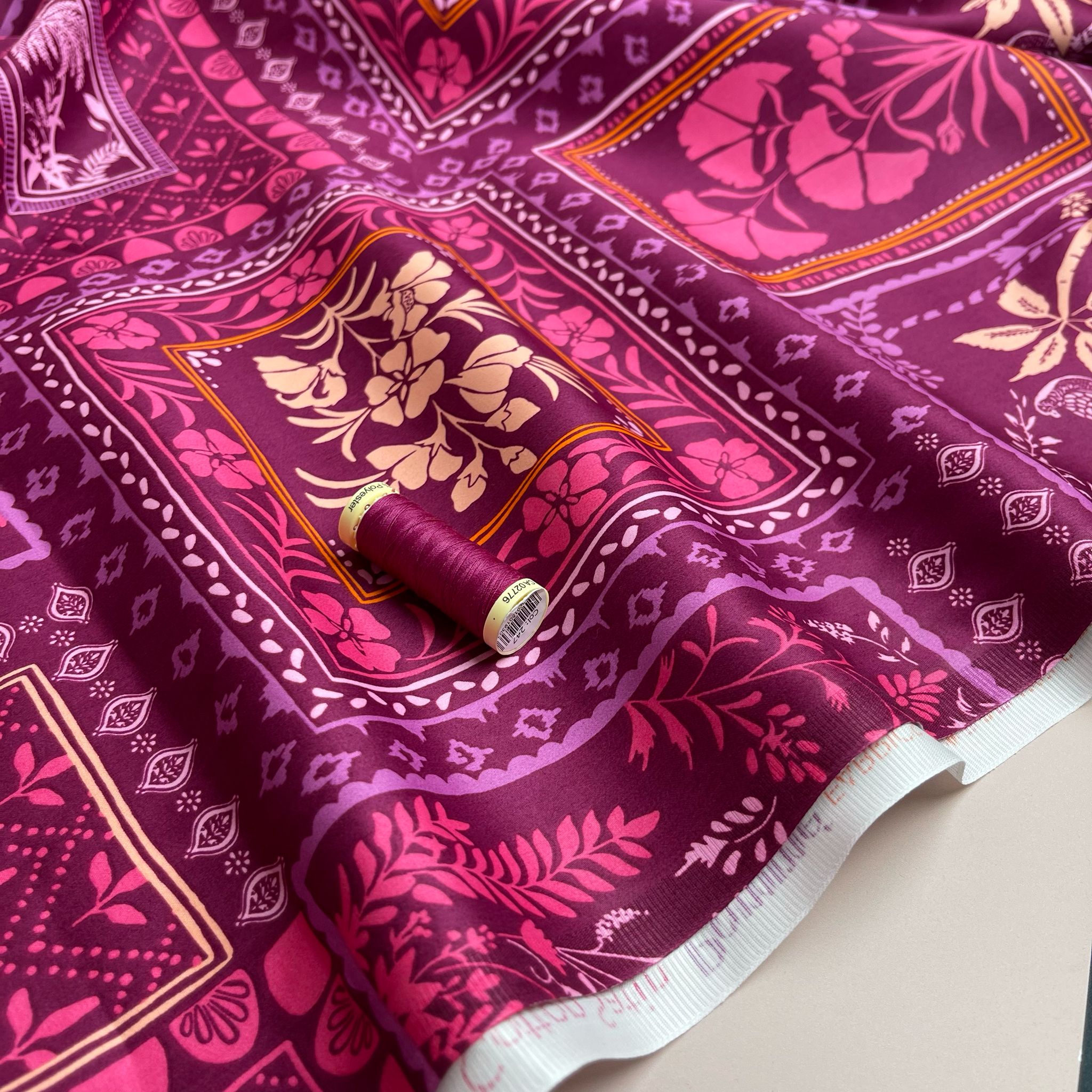 Patchwork Foliage Fuchsia Cotton Sateen Fabric