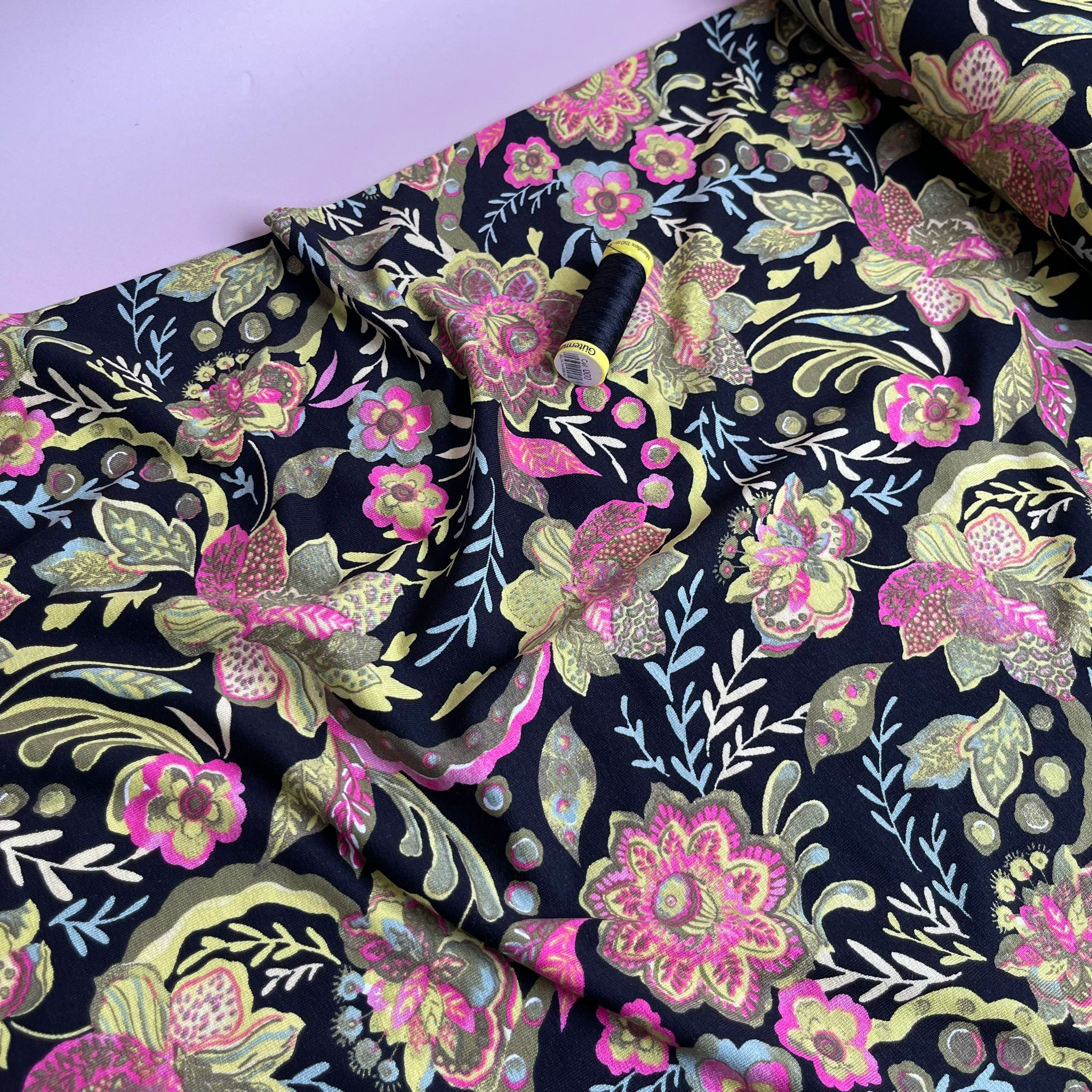 REMNANT 0.61 Metre - Ornate Flower in Lime and Pink De Luxe Viscose Jersey Fabric