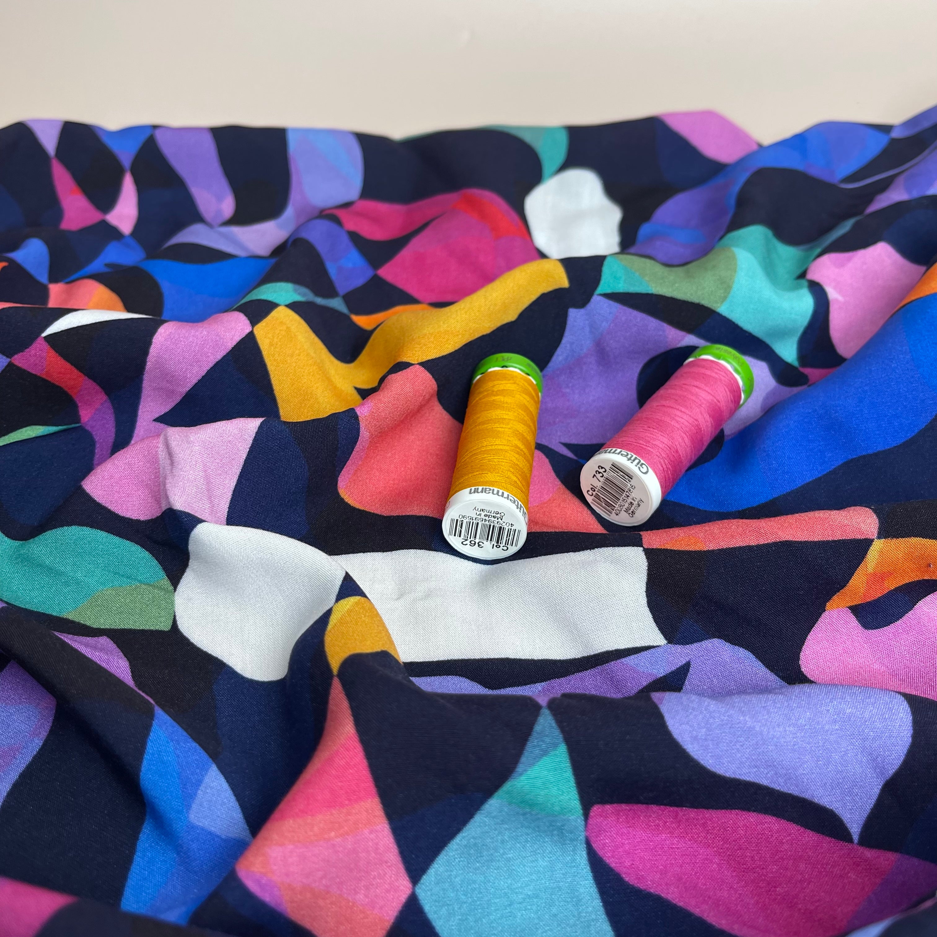 Summer Party - Rainbow Leaves Navy Viscose Fabric