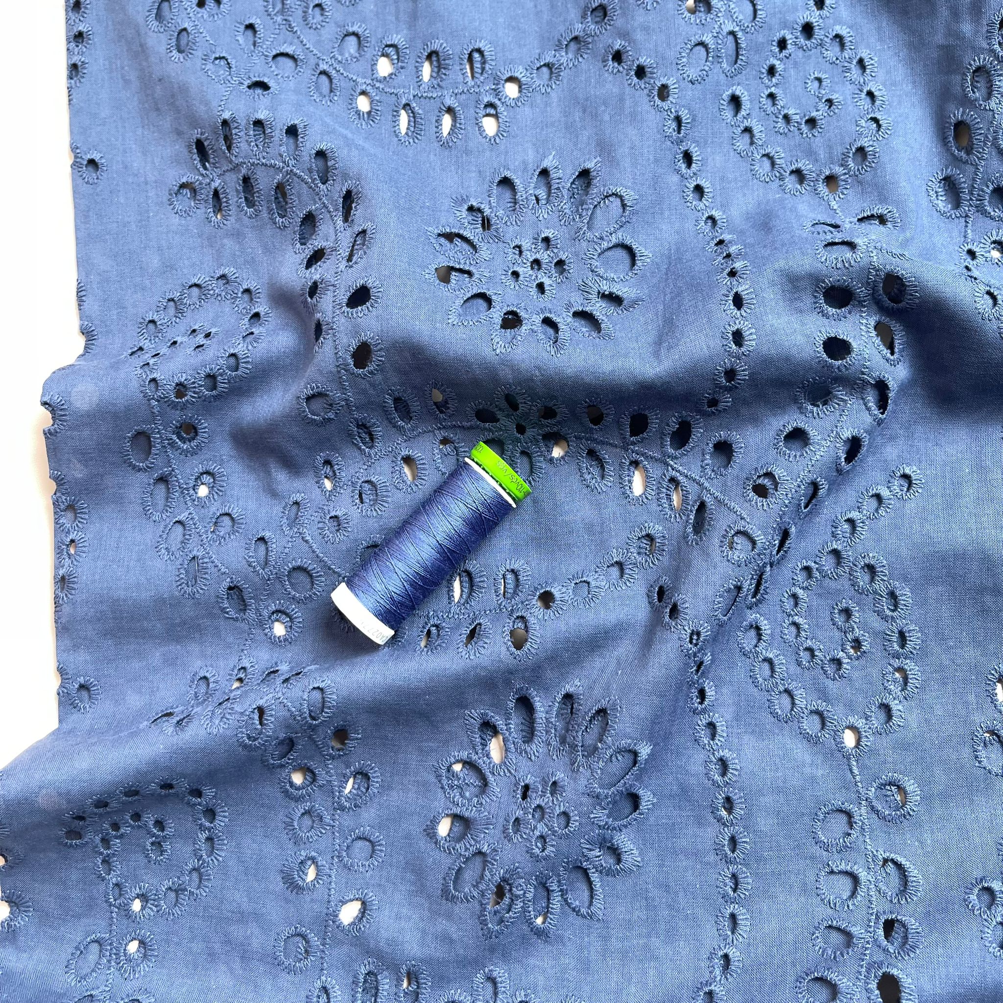 Sweet Vines Denim Blue Cotton Broderie Anglaise Fabric