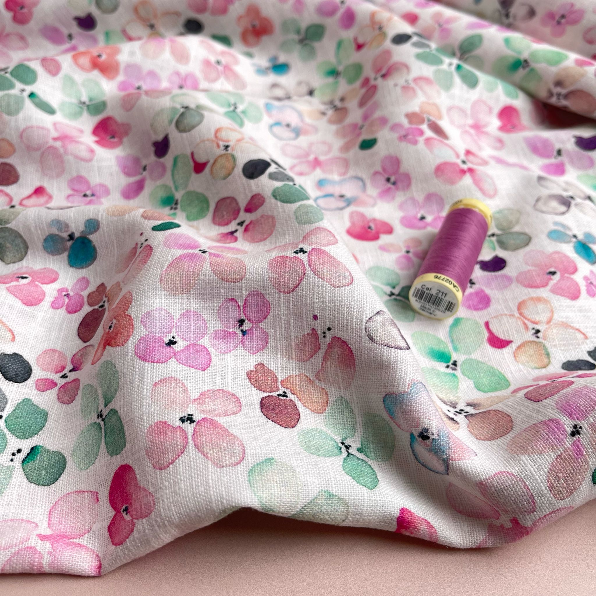 Pink Spring Petals on Soft Washed Linen Fabric