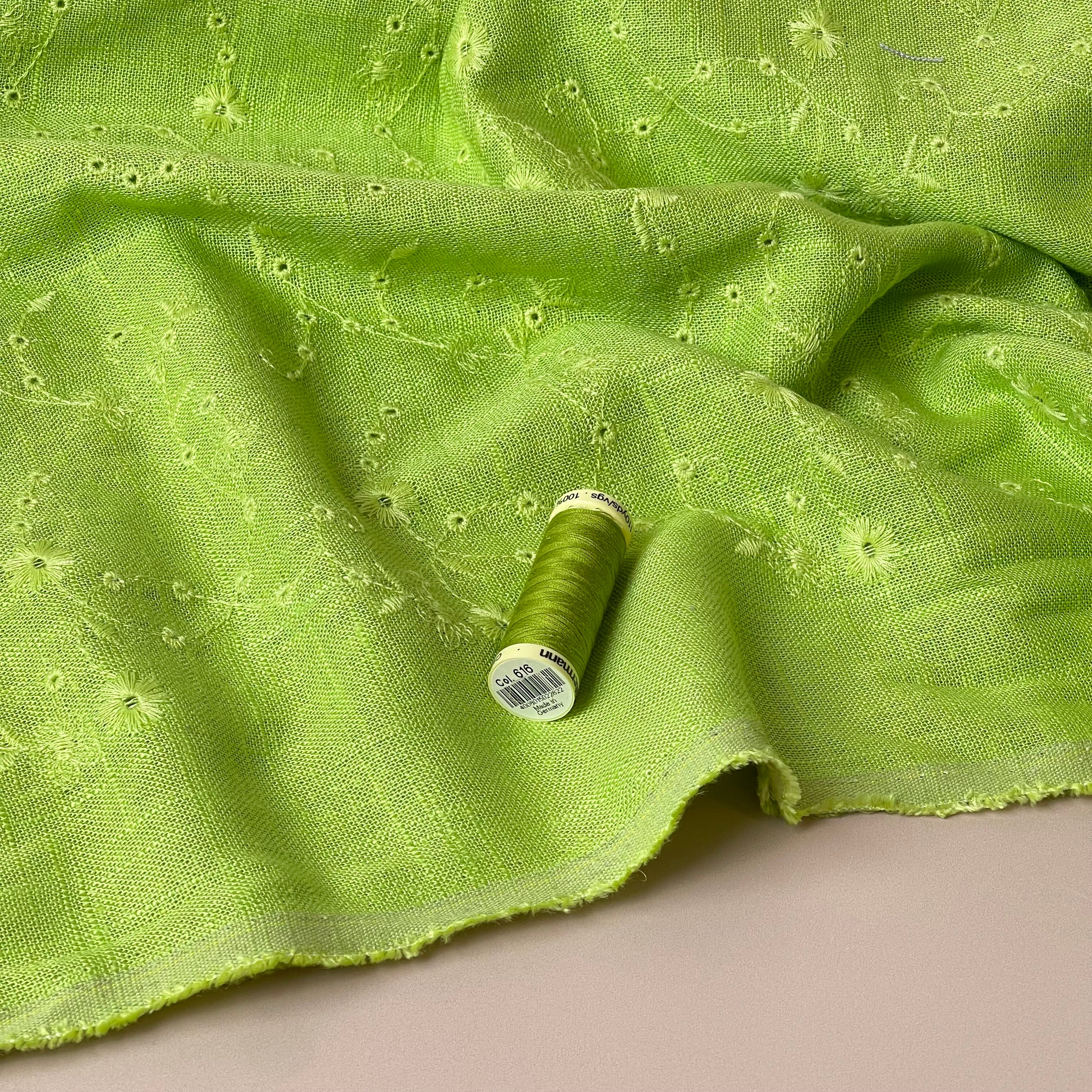 Floral Vines on Lime Embroidered Viscose Linen Fabric