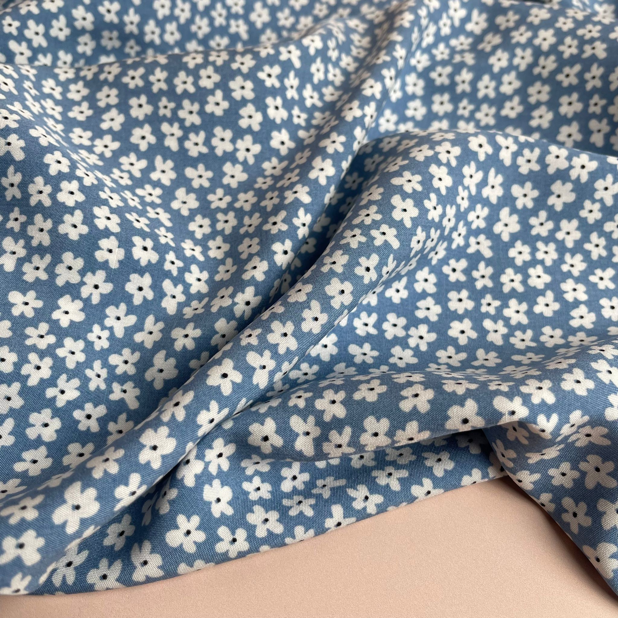 REMNANT 1.2 Metres - Small Flowers Light Blue Viscose / Rayon Fabric