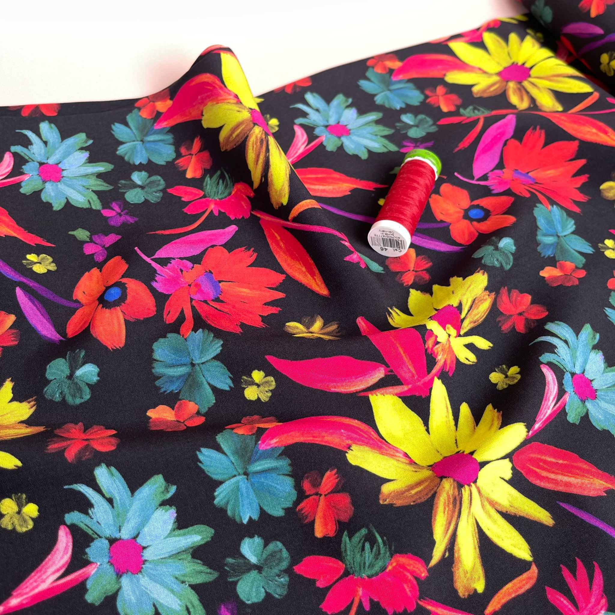 Dopamine Flowers on Black Viscose Fabric