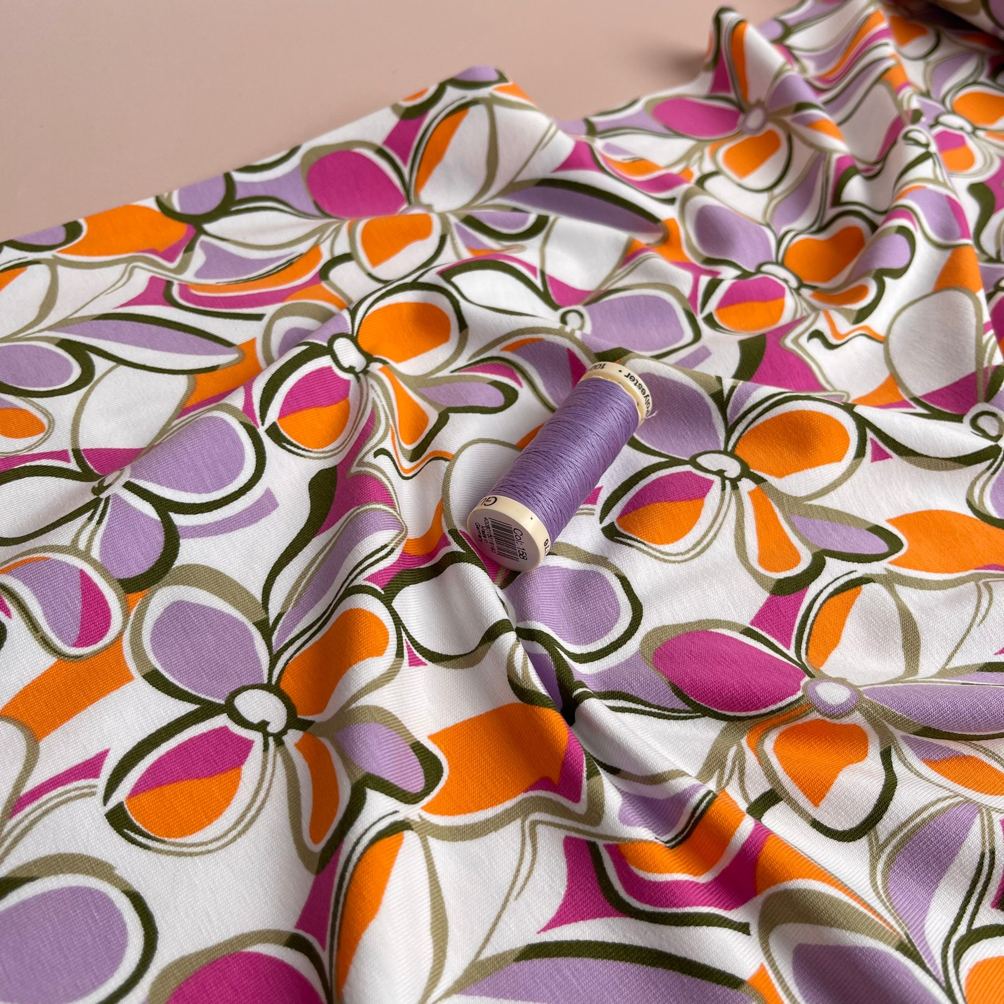 REMNANT 0.88 Metre - Petals in Lilac and Orange Cotton Jersey Fabric