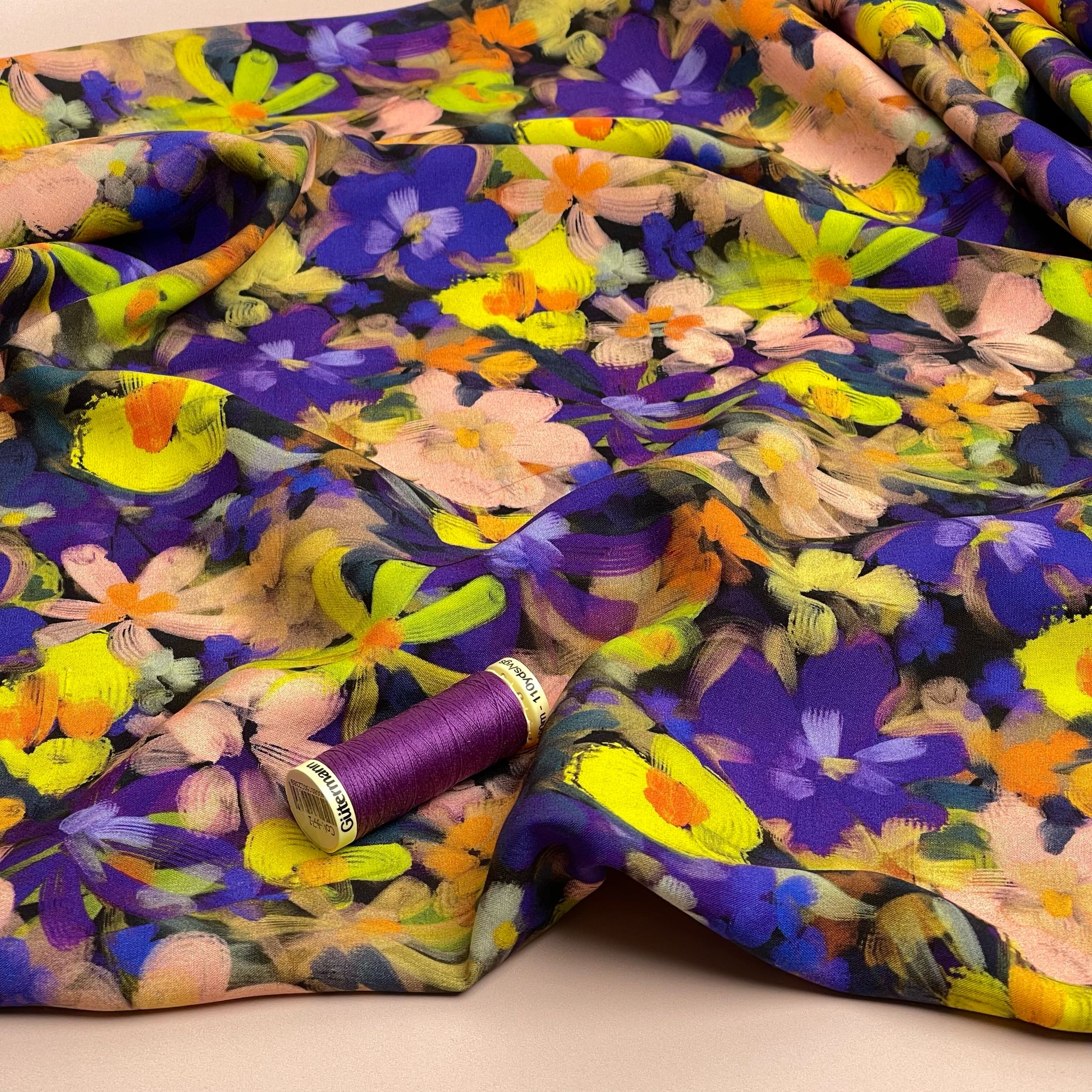 Purple and Yellow Florals Viscose Fabric