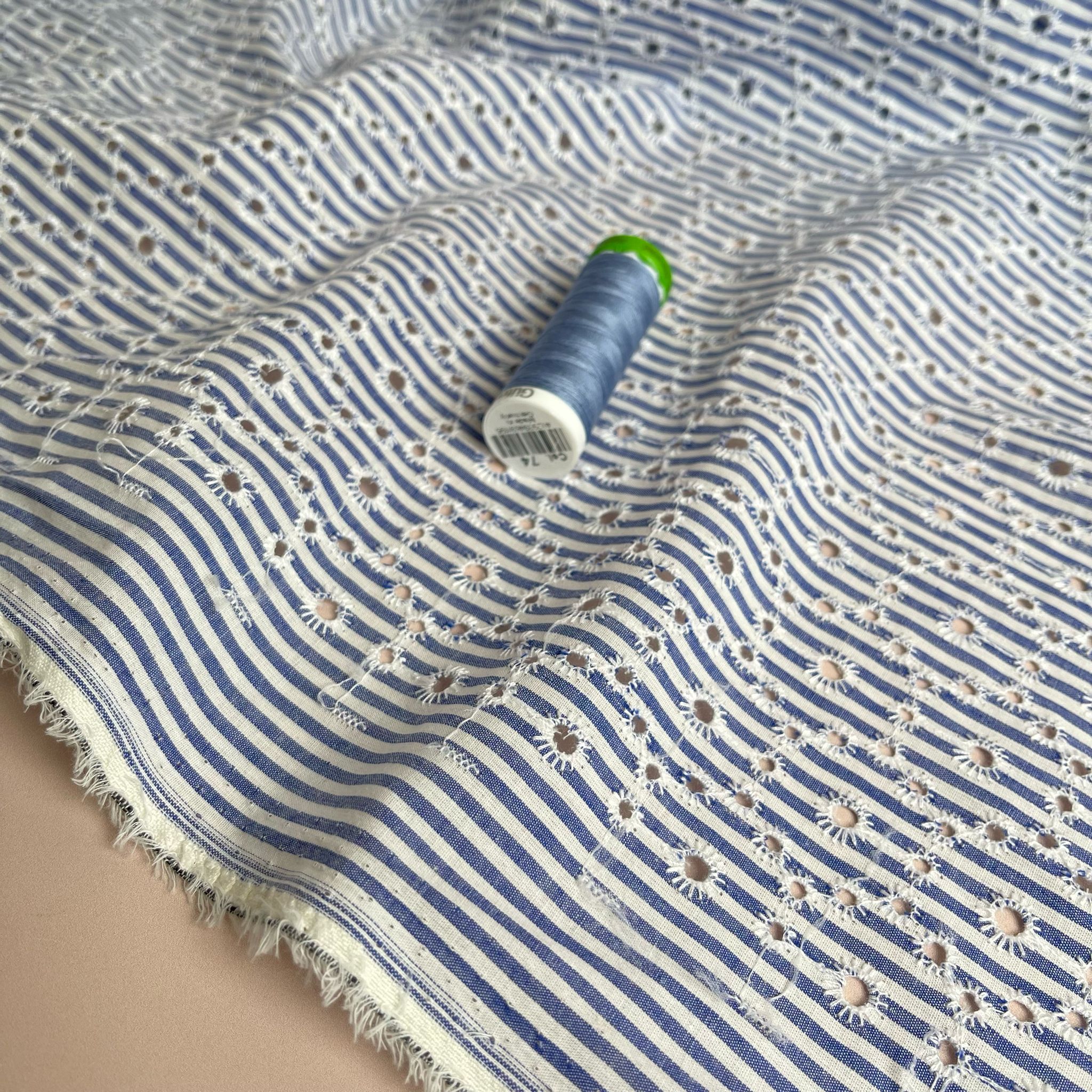 Blue Striped Broderie Anglaise Cotton Fabric