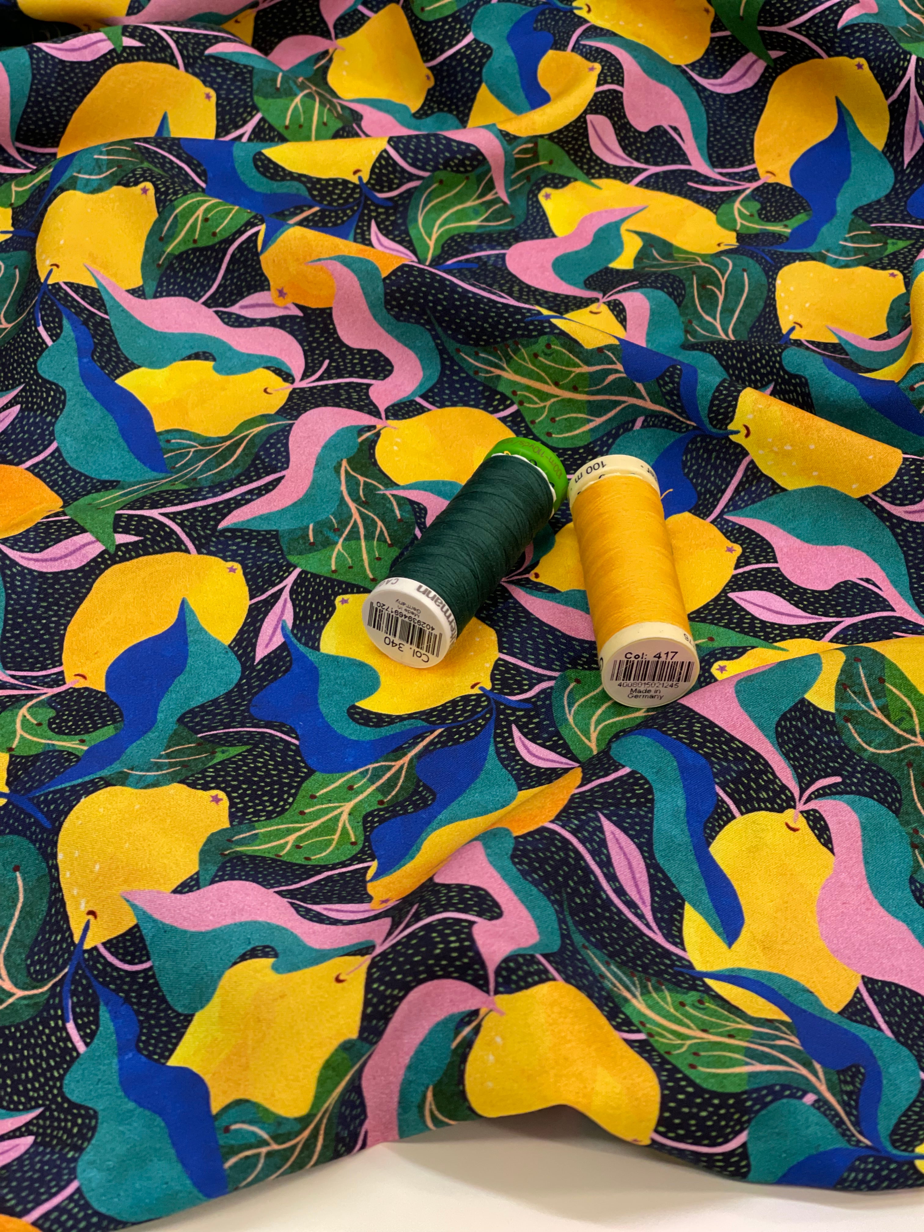Adventure - Mediterranean Lemons Viscose in Dark Navy & Green