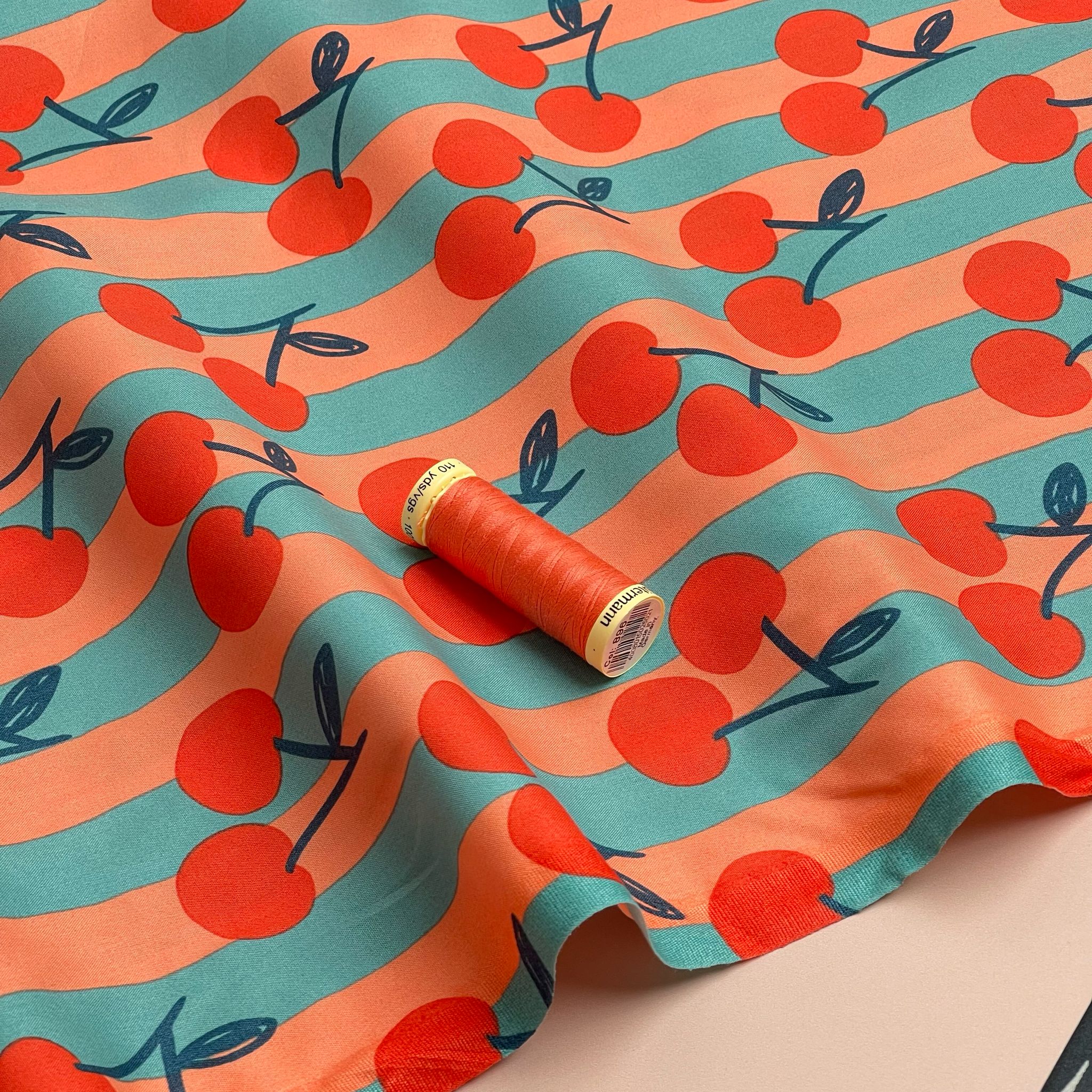 Funky Cherry Stripes on Turquoise Cotton Poplin Fabric