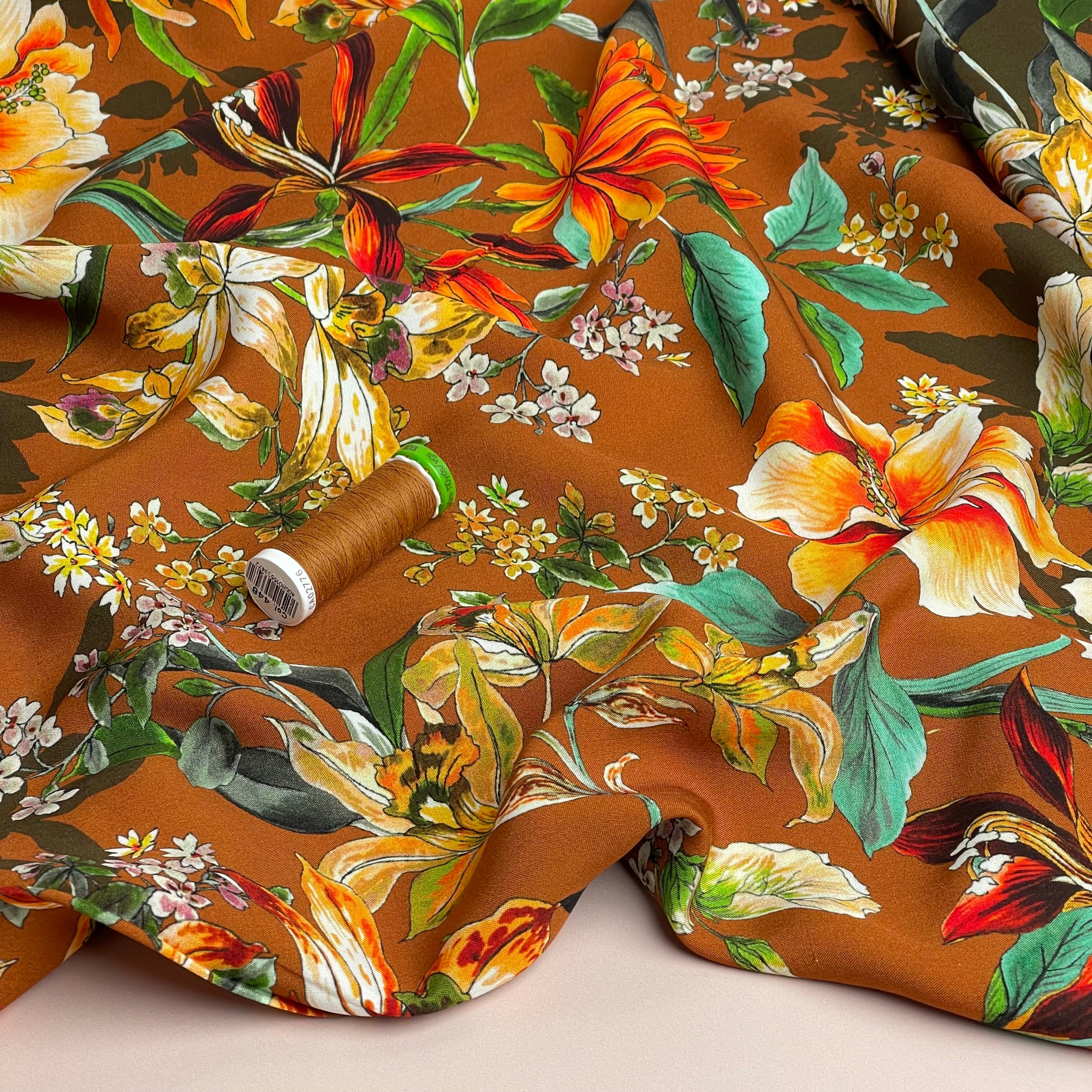 Watercolour Tropics on Appricot Viscose Poplin Fabric