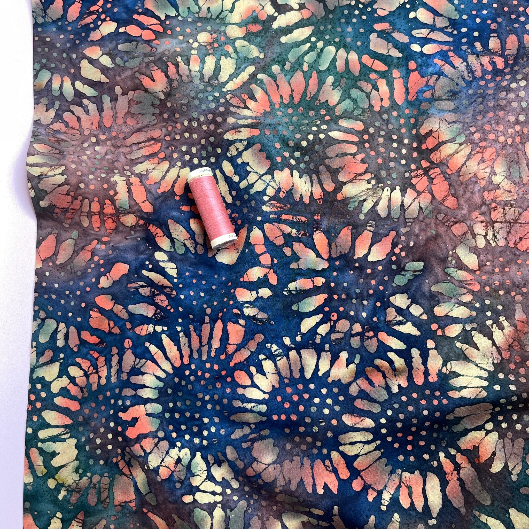 REMNANT 1.10 Metres - Batik Sunflowers on Navy Cotton Fabric