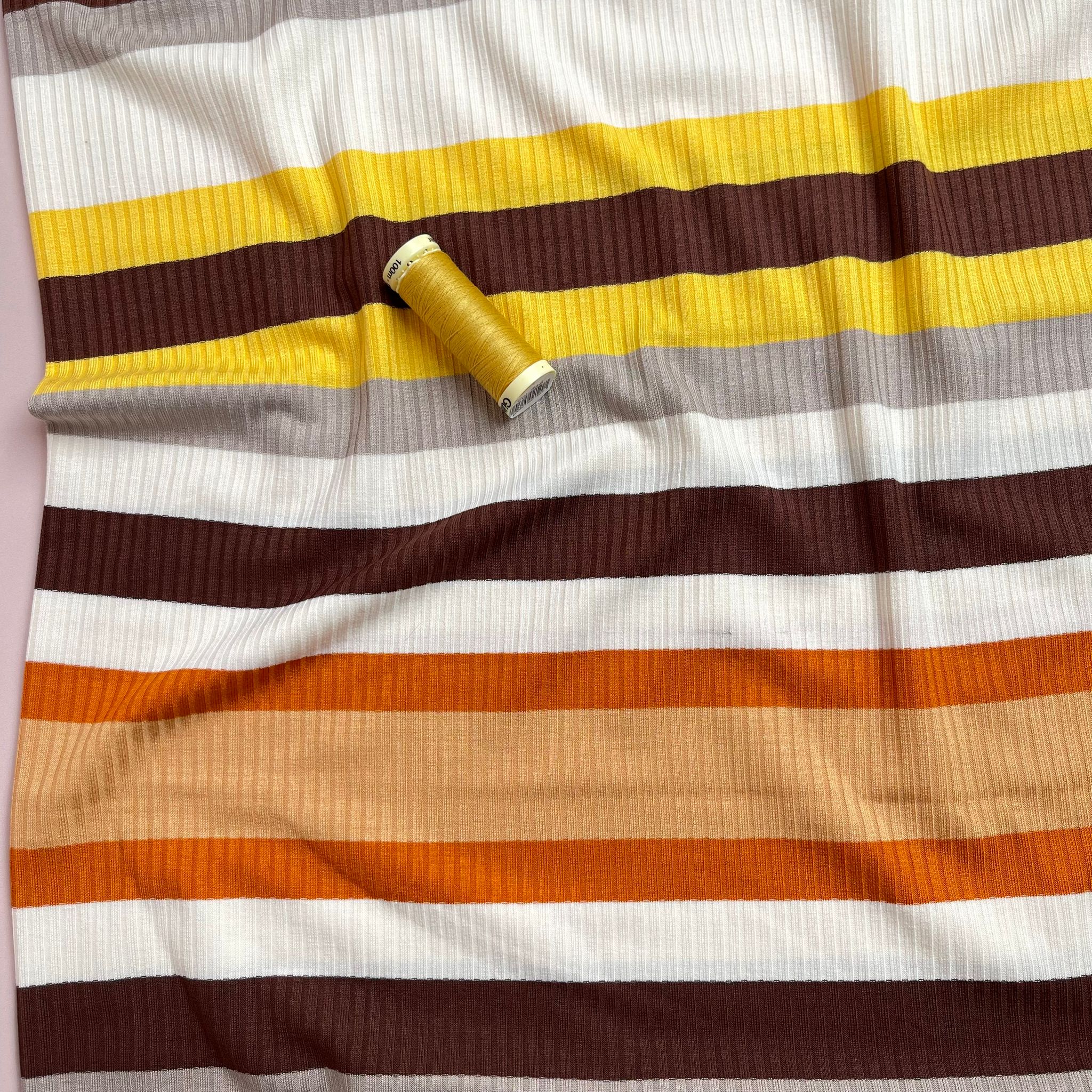 REMNANT 0.3 Metre - Yarn Dyed Golden Autumn Striped Cotton Ribbed Jersey