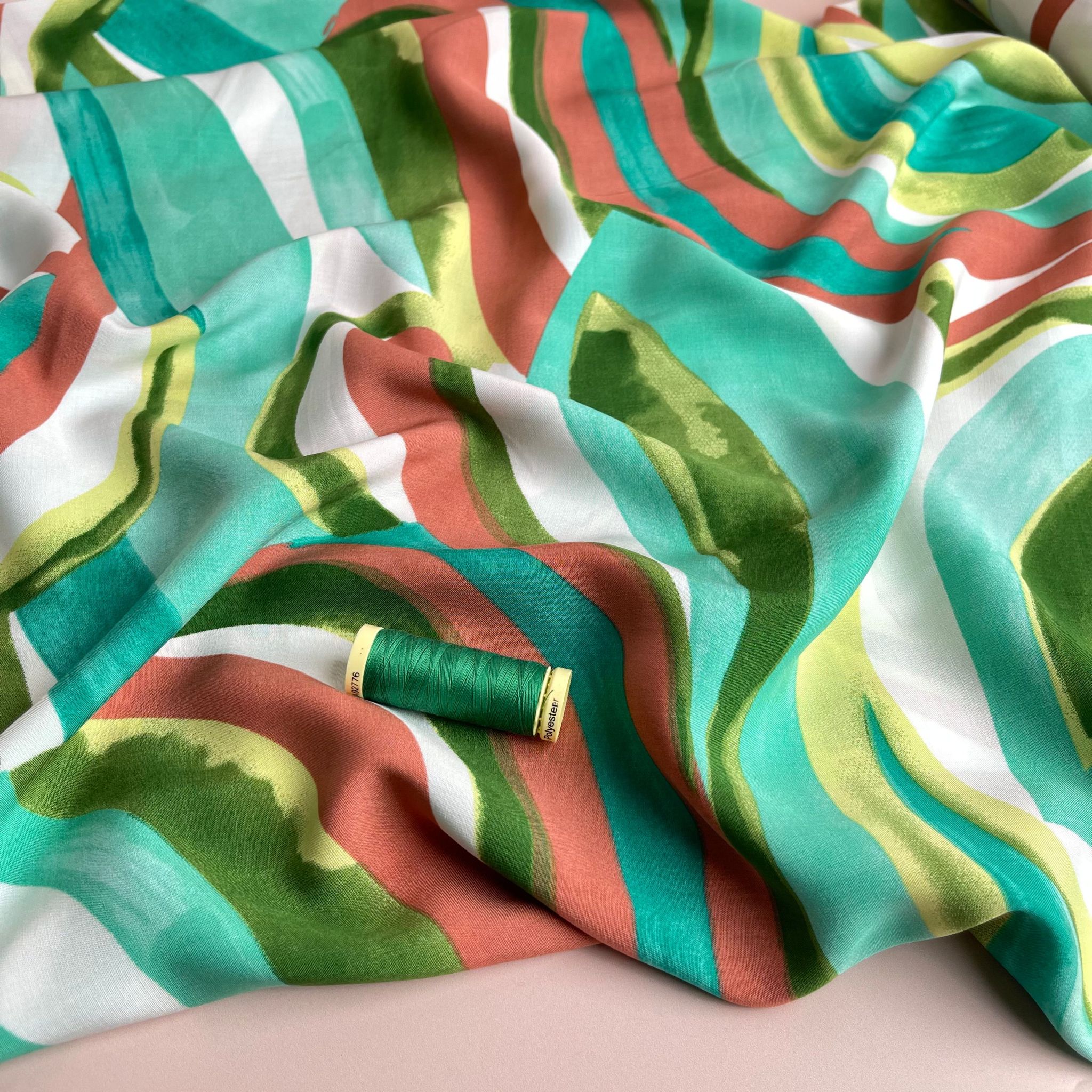 Abstract Waves Green Viscose Poplin Fabric