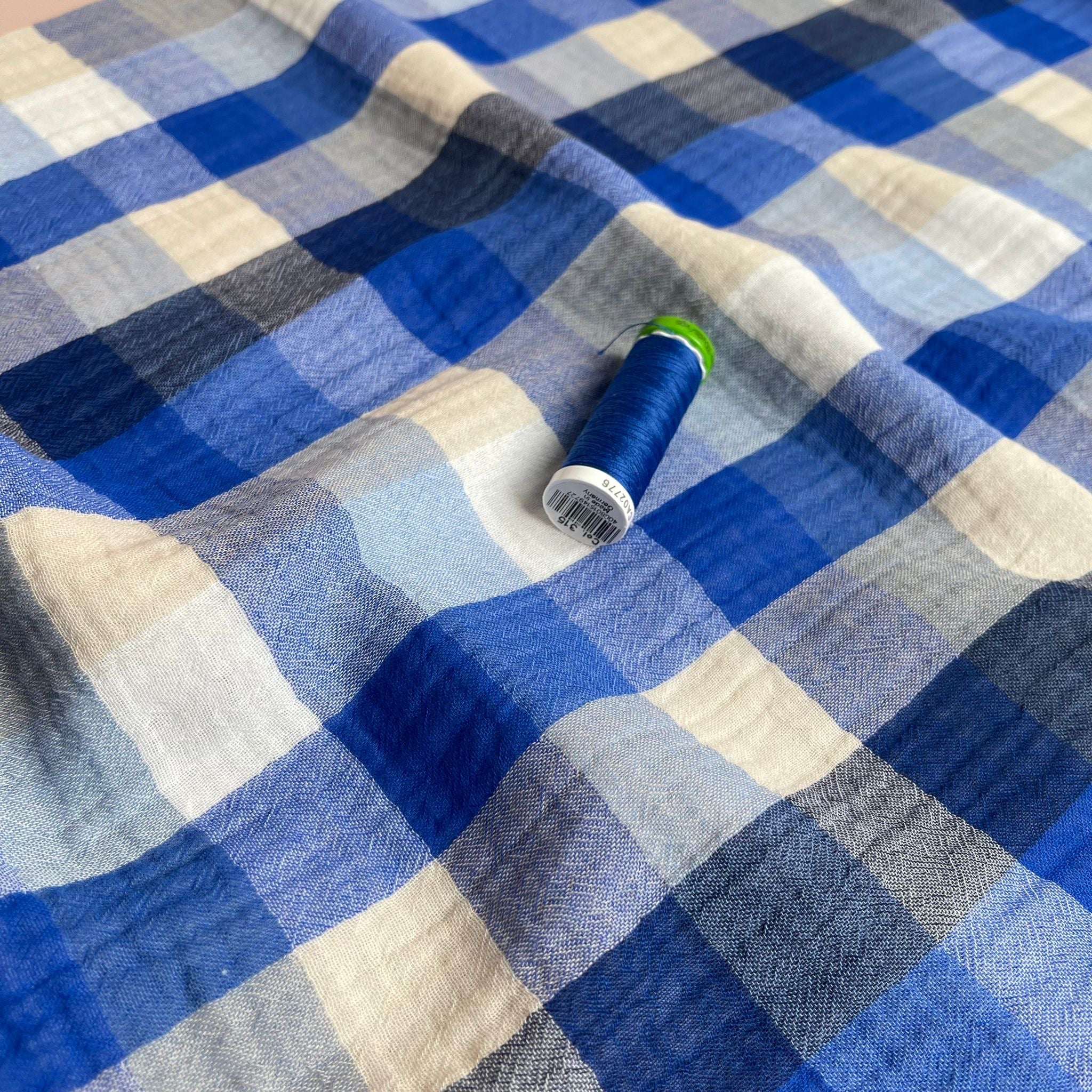 Checked Cobalt Cotton Double Gauze