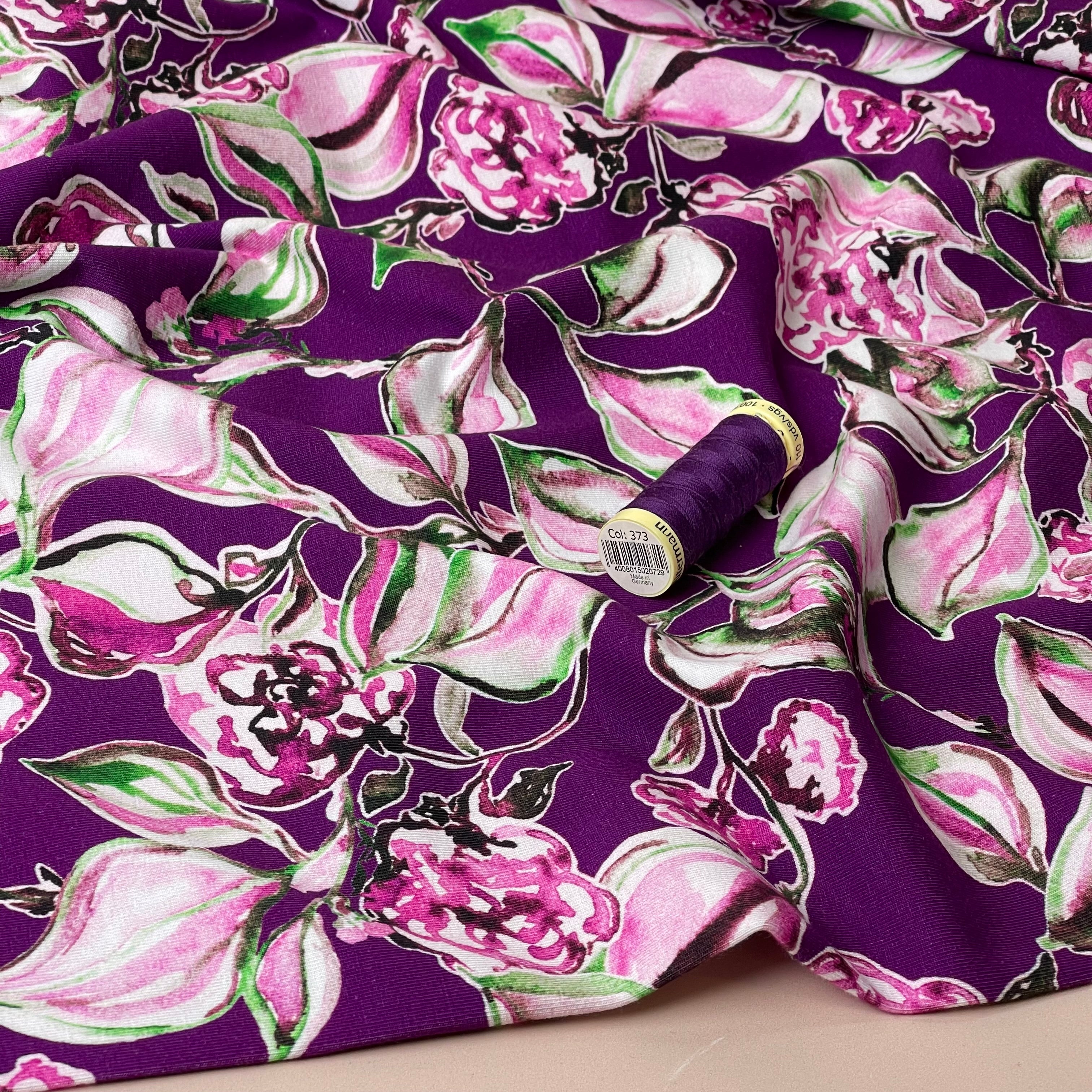 Danish Design - Painterly Flowers on Purple Cotton Jersey Fabric