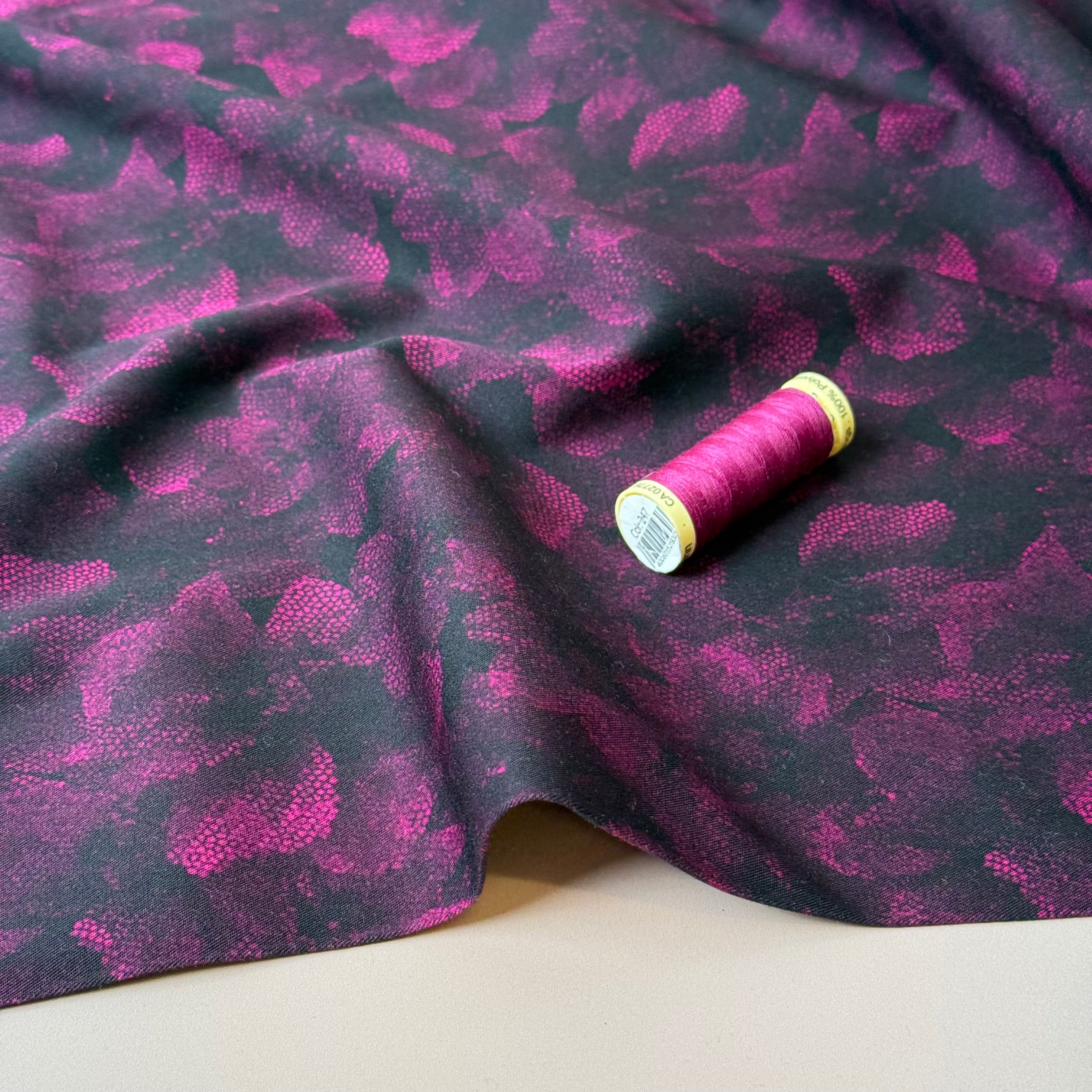 Magenta Flowers on Black Viscose Twill with Stretch