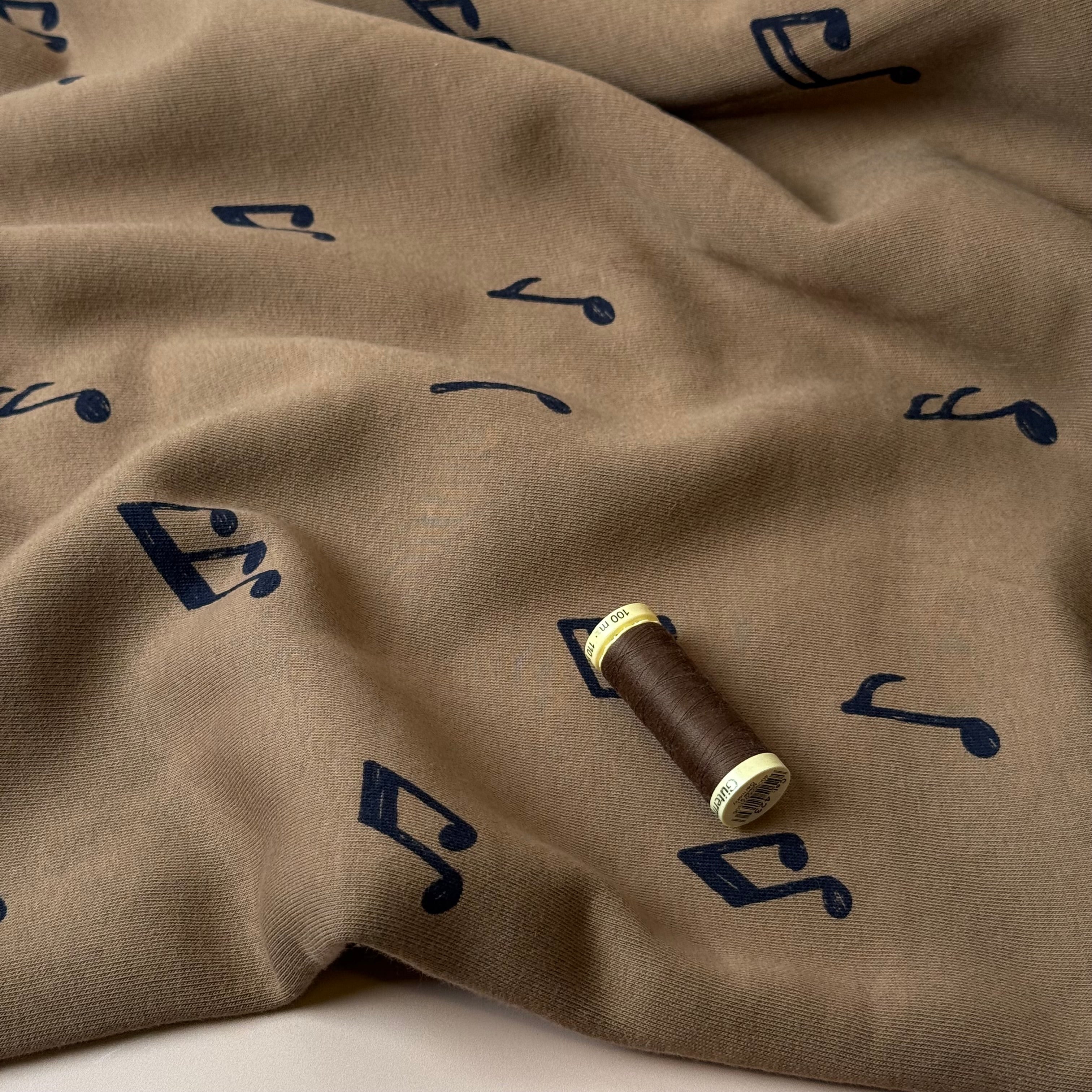 Music Notes in Camel Soft Cotton Jogging Sweat-shirting Fabric