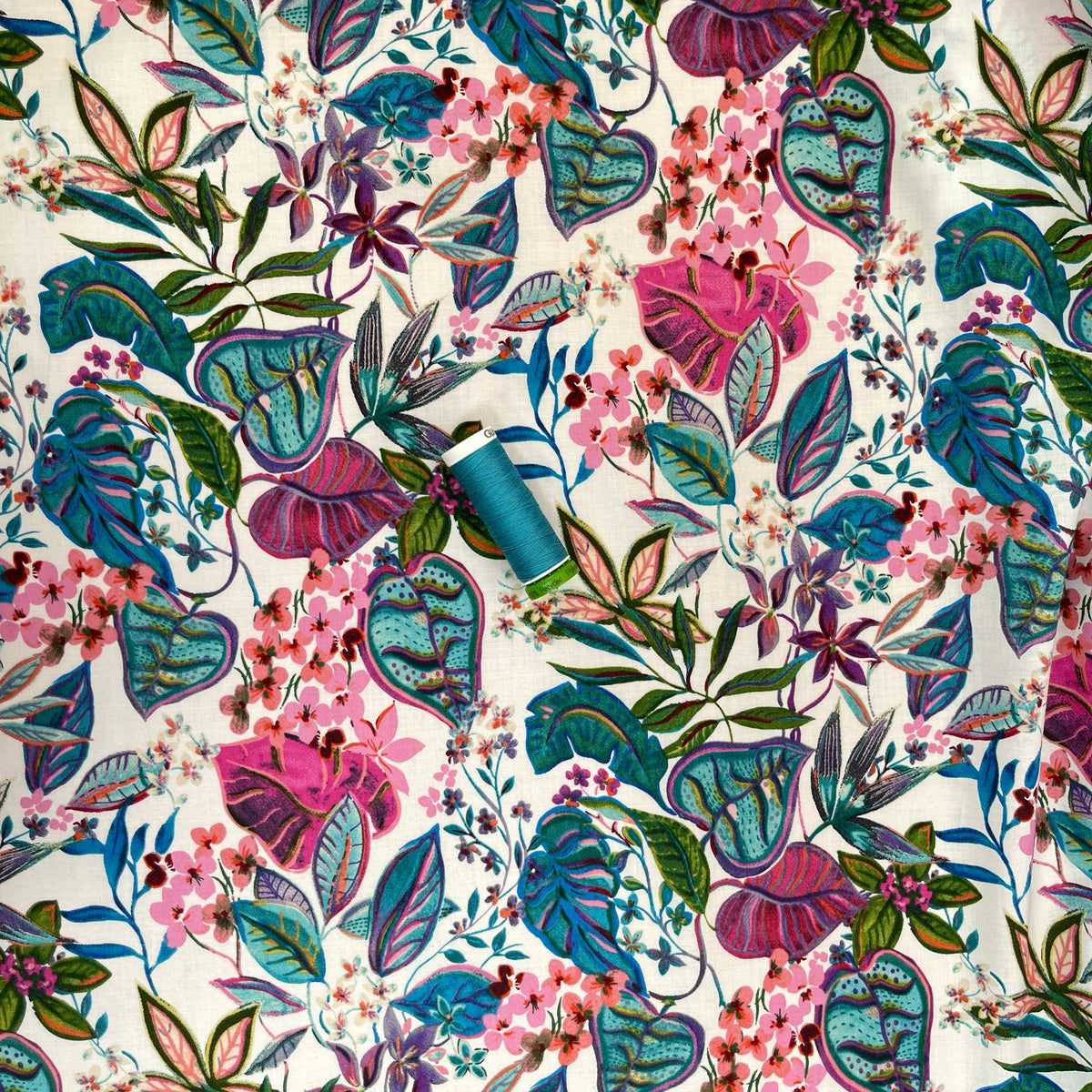 Tropical Foliage in Teal and Pink Cotton Lawn Fabric Lamazi Fabrics