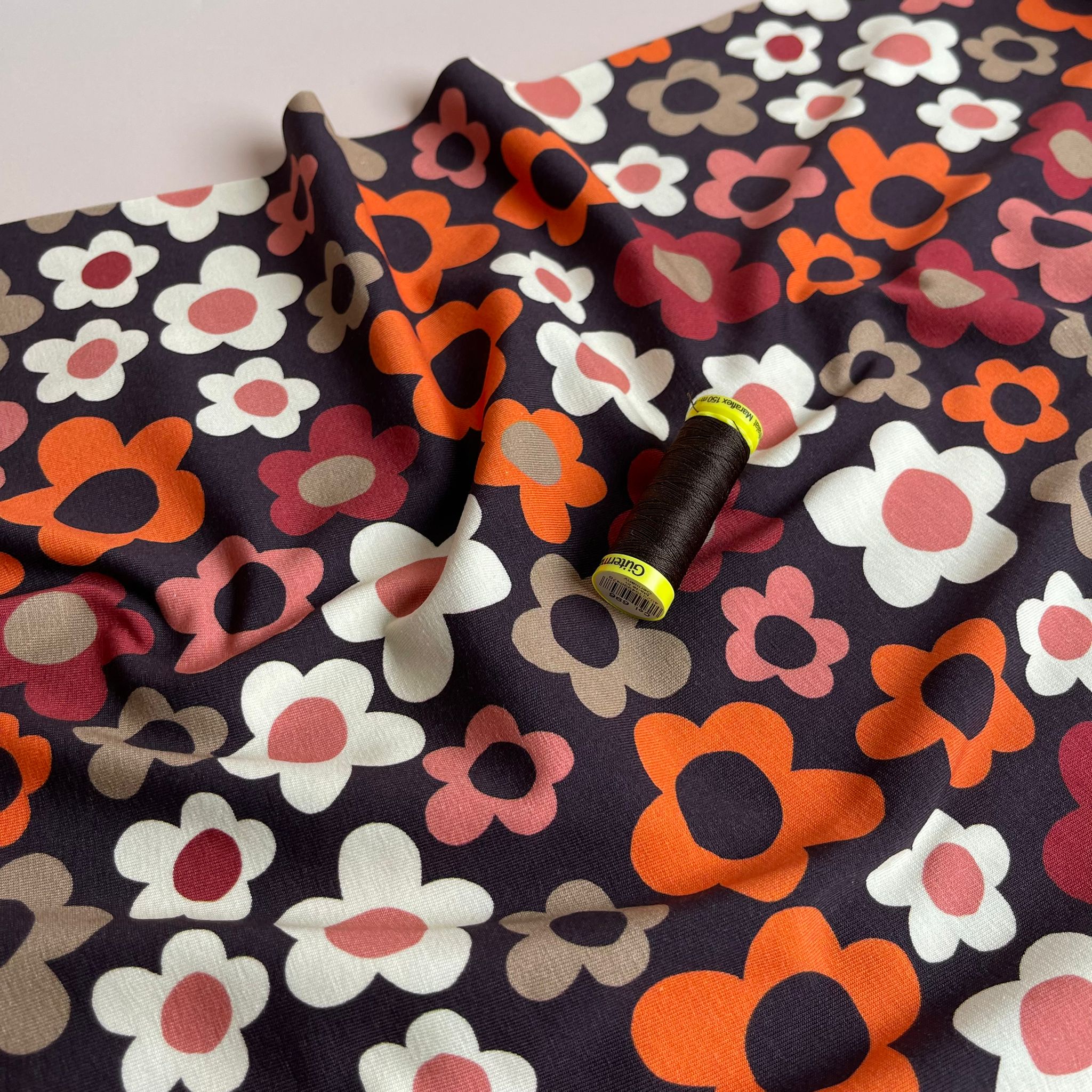 Danish Design - Pop Flowers on Brown Cotton Jersey Fabric