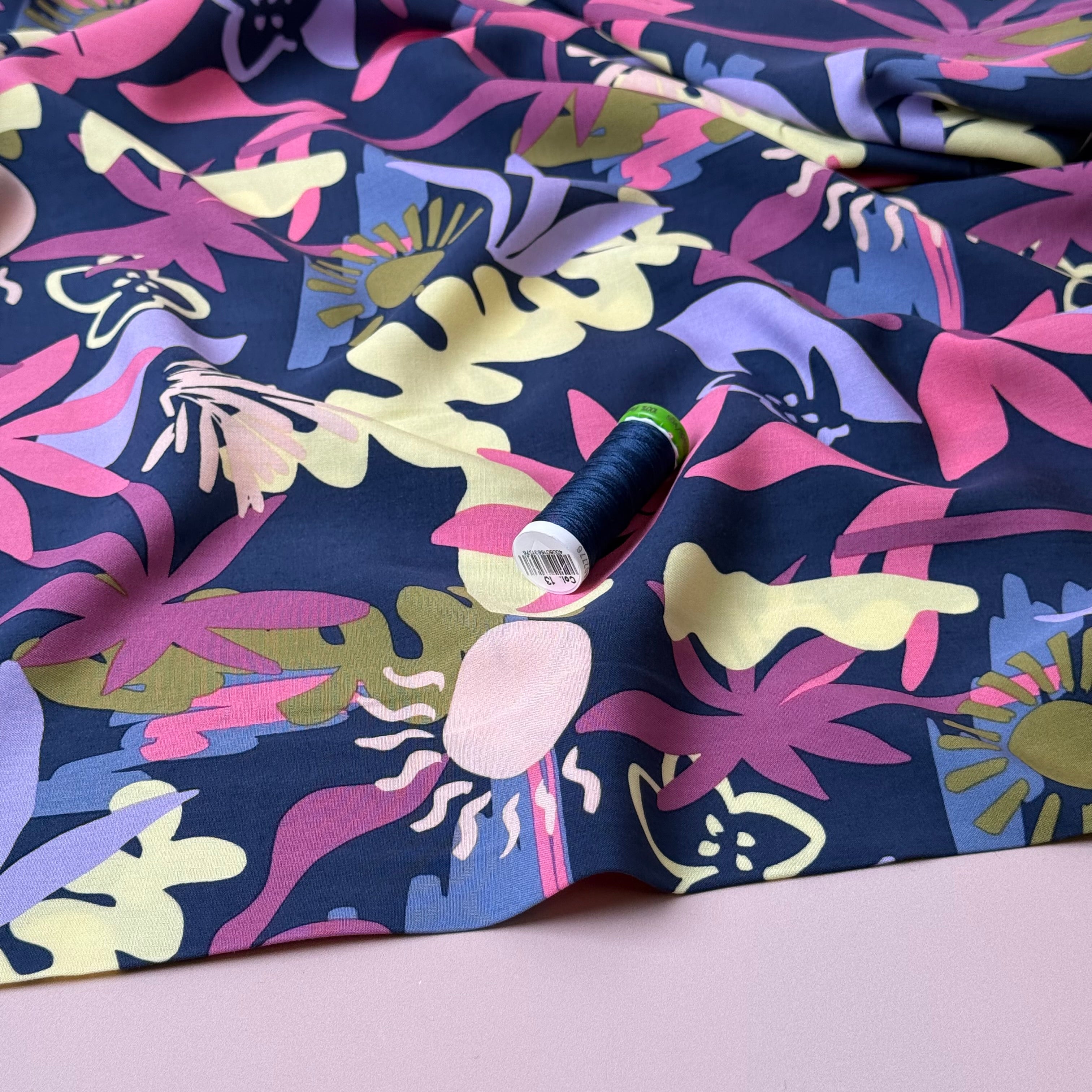 Autumn Resort on Navy LENZING™ ECOVERO™ Viscose Fabric