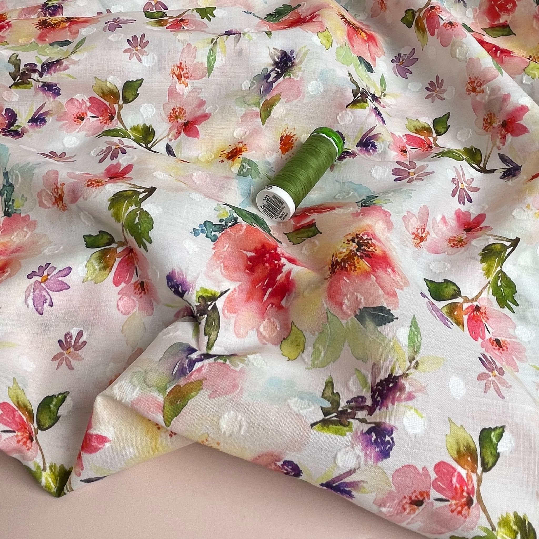 Watercolour Spring Blooms Embroidered Cotton Dobby Fabric