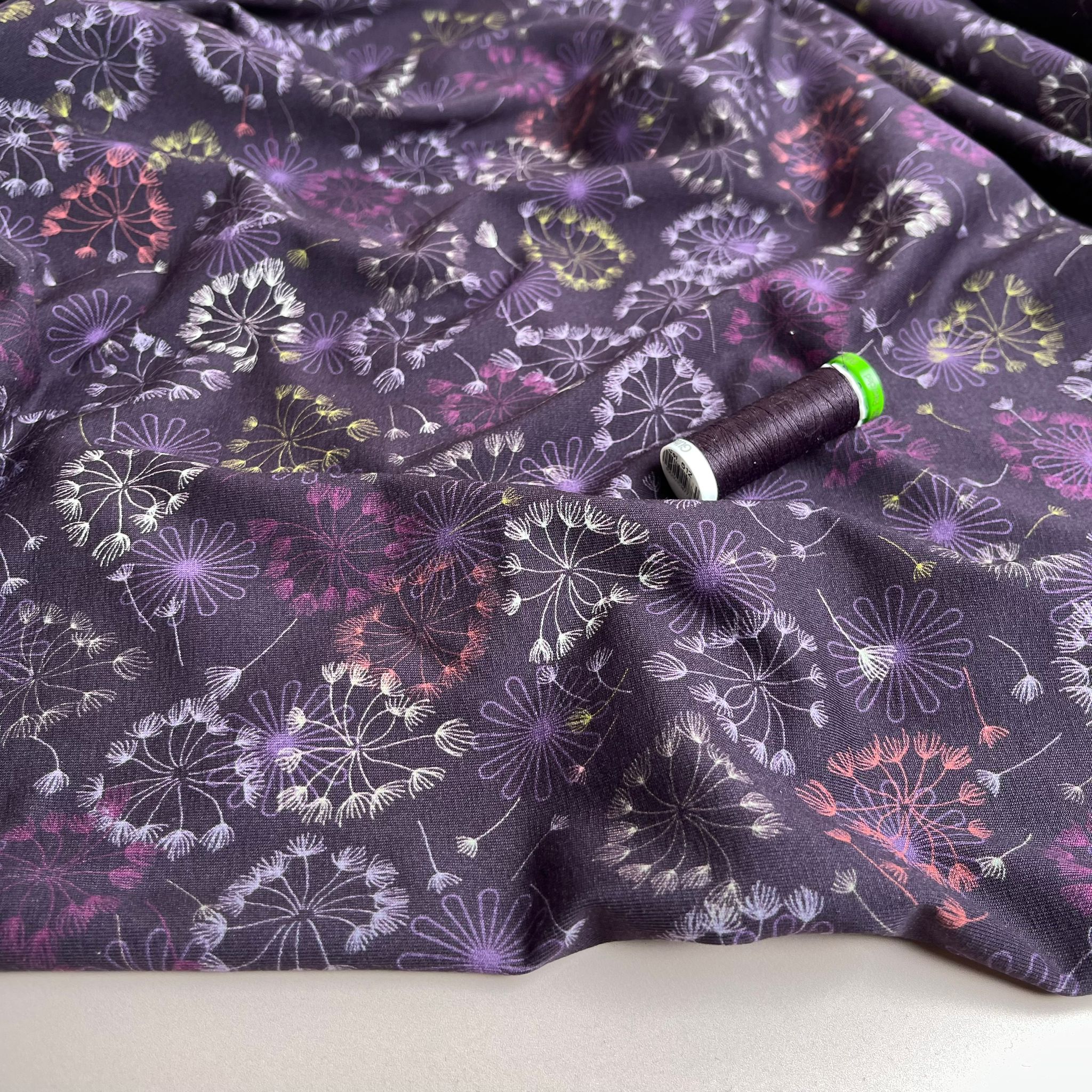 REMNANT 0.58 Metre - Danish Design - Dandelions on Purple Cotton Jersey Fabric