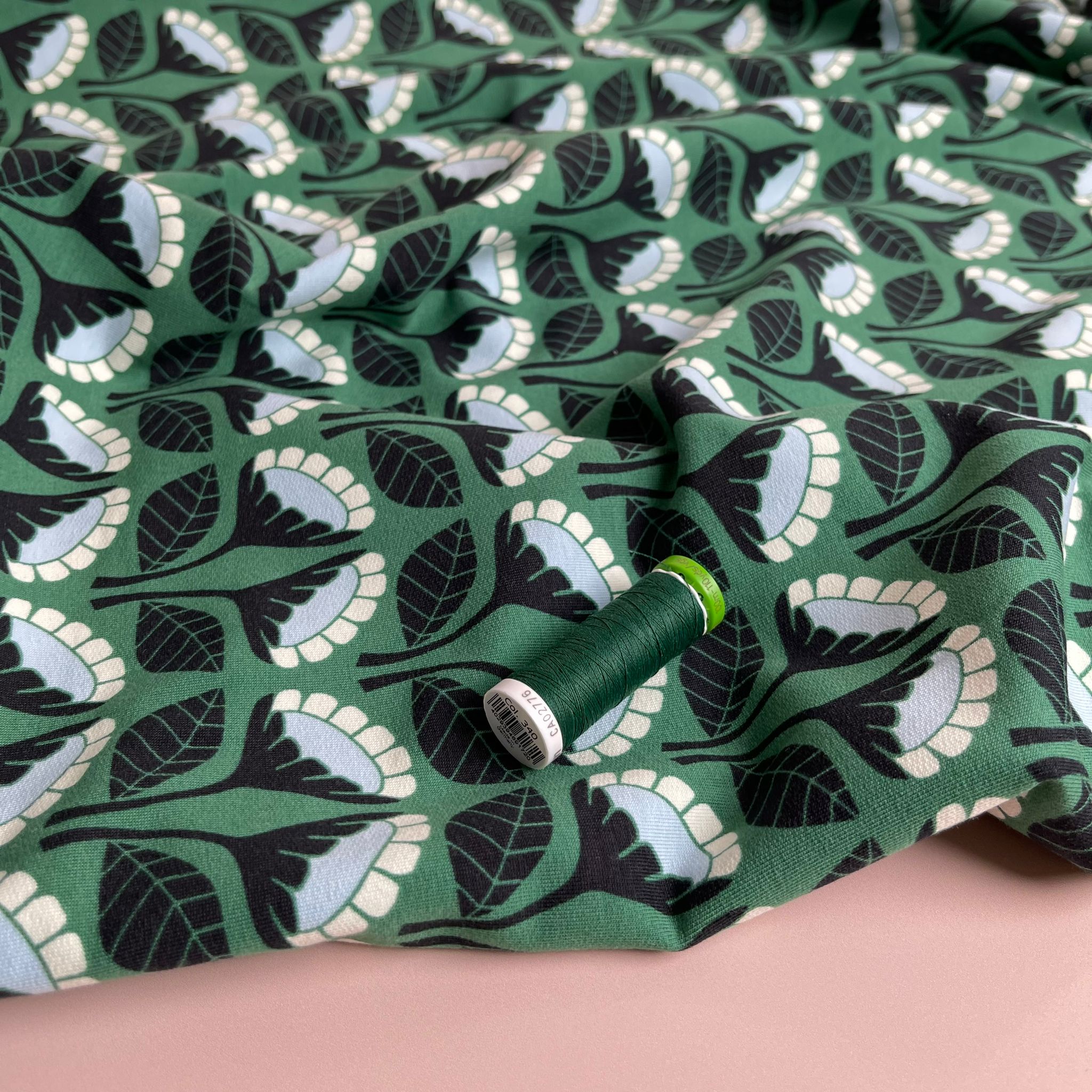 REMNANT 2.10 Metres - Monochrome Flowers on Emerald Green Cotton French Terry