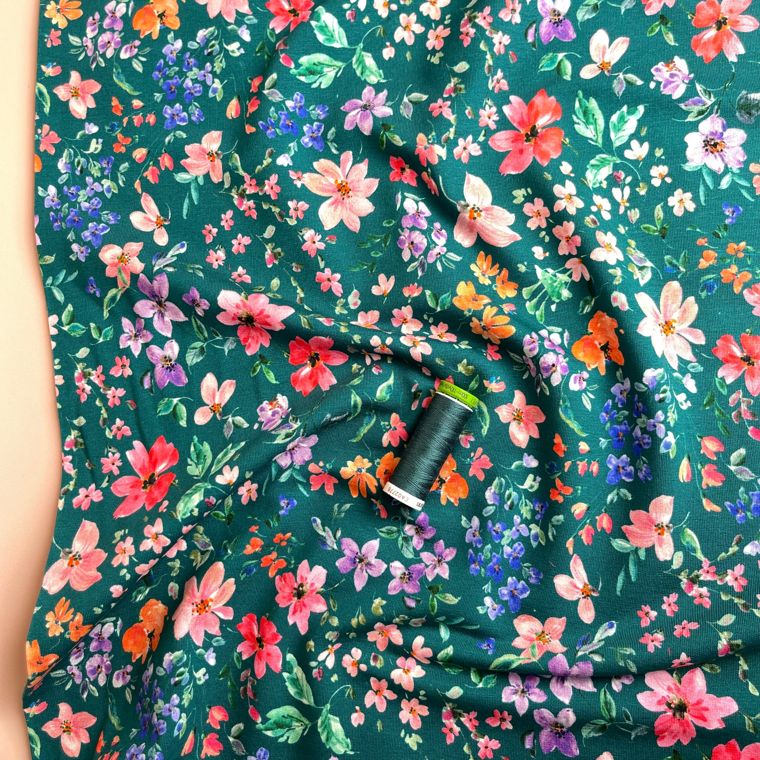 Small Flowers on Teal Cotton French Terry