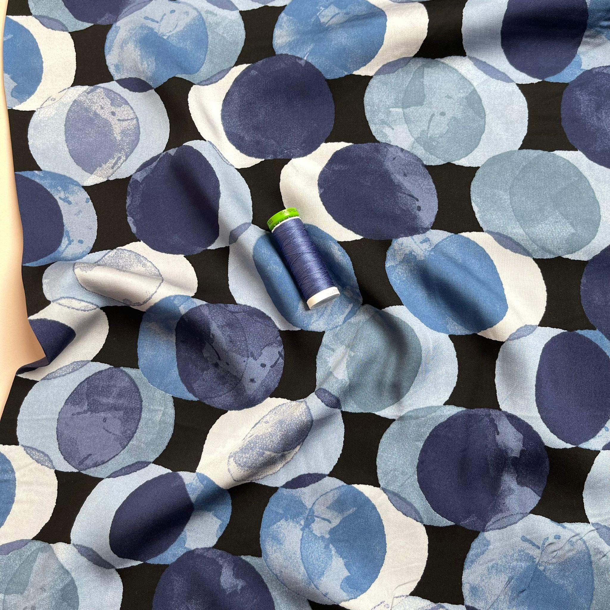 Watercolour Dots in Blue Viscose Sateen Fabric
