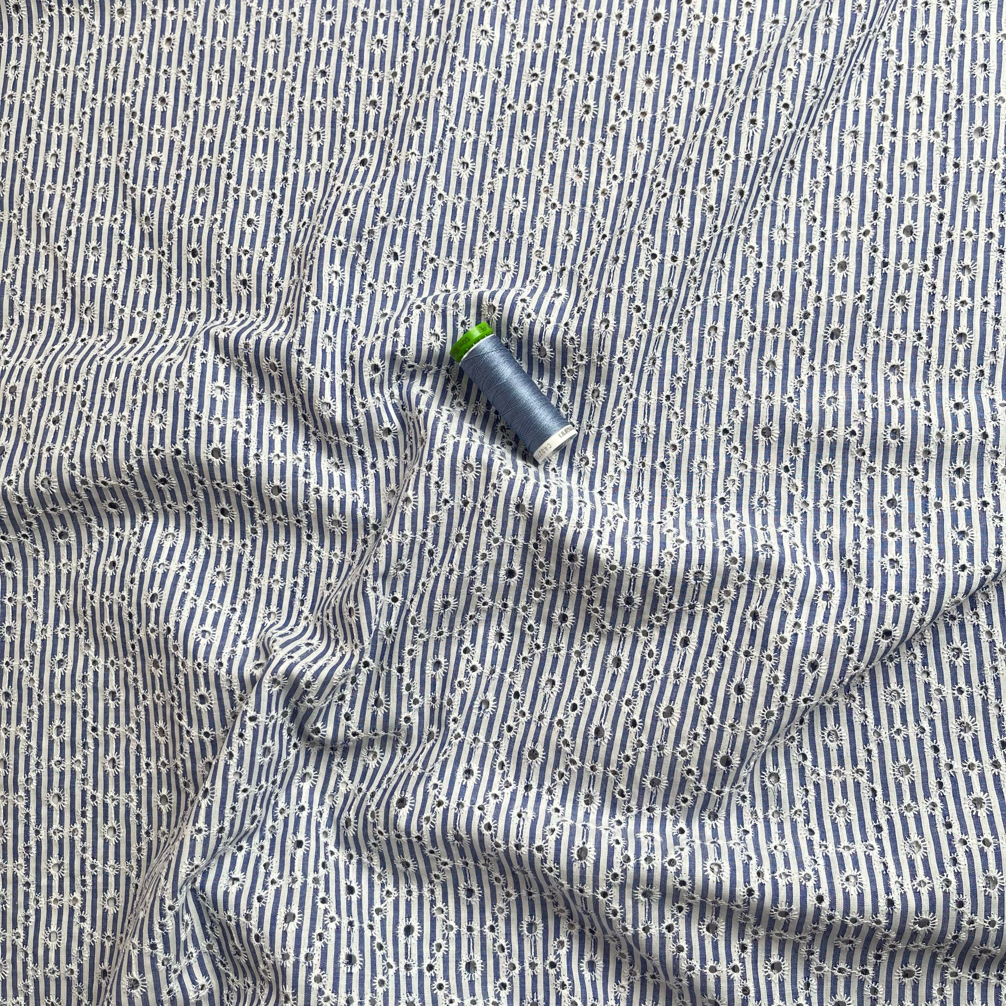 Blue Striped Broderie Anglaise Cotton Fabric