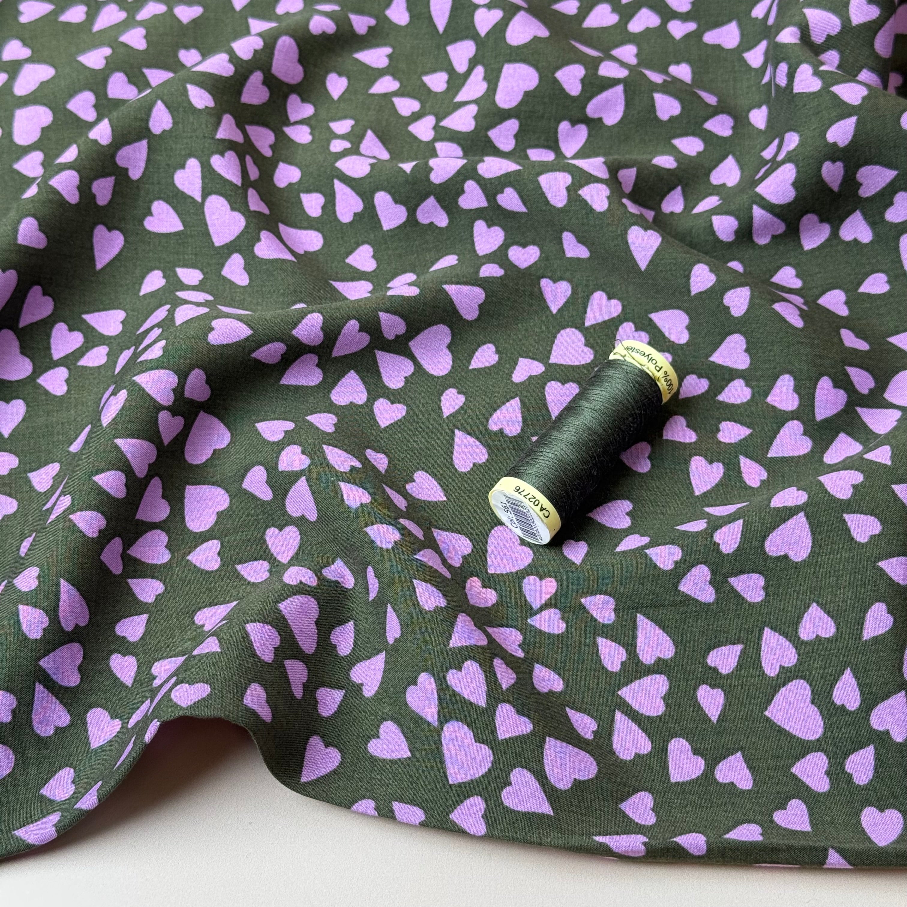 Shower of Hearts in Khaki Green LENZING™ ECOVERO™ Viscose Fabric