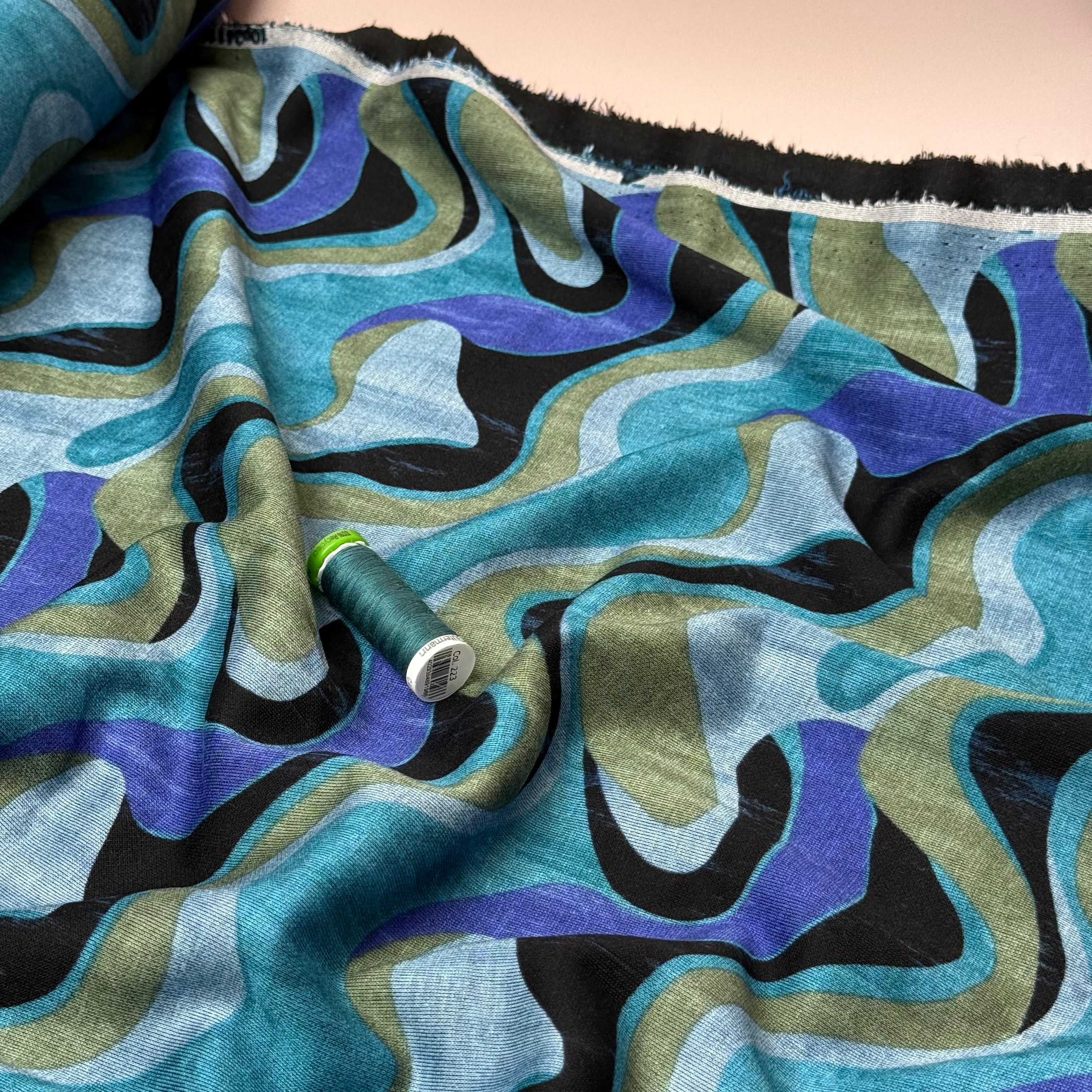 Waves in Teal Soft Ponte Interlock Jersey Fabric