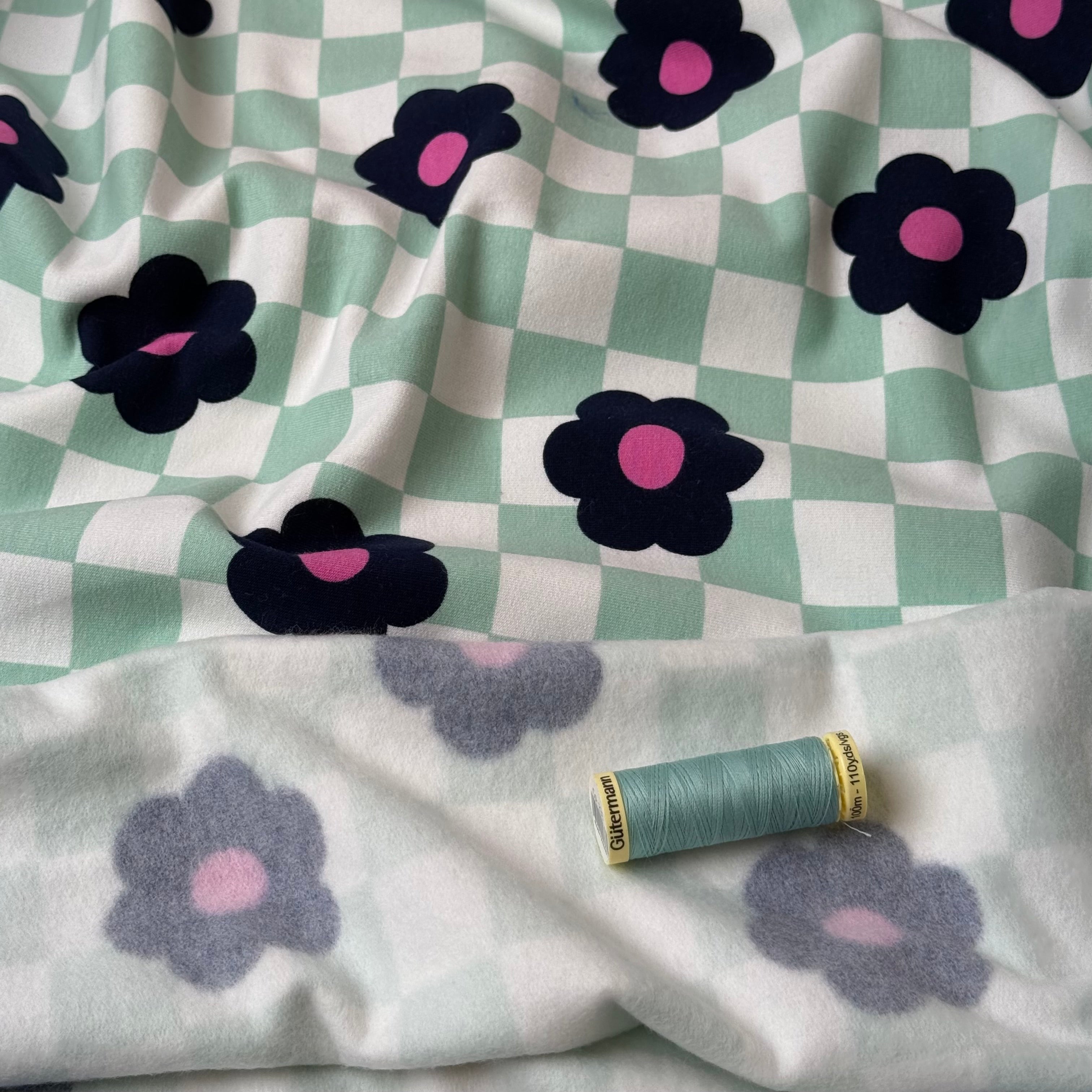Gingham Flowers Mint Soft Cotton Sweat-shirting Fabric