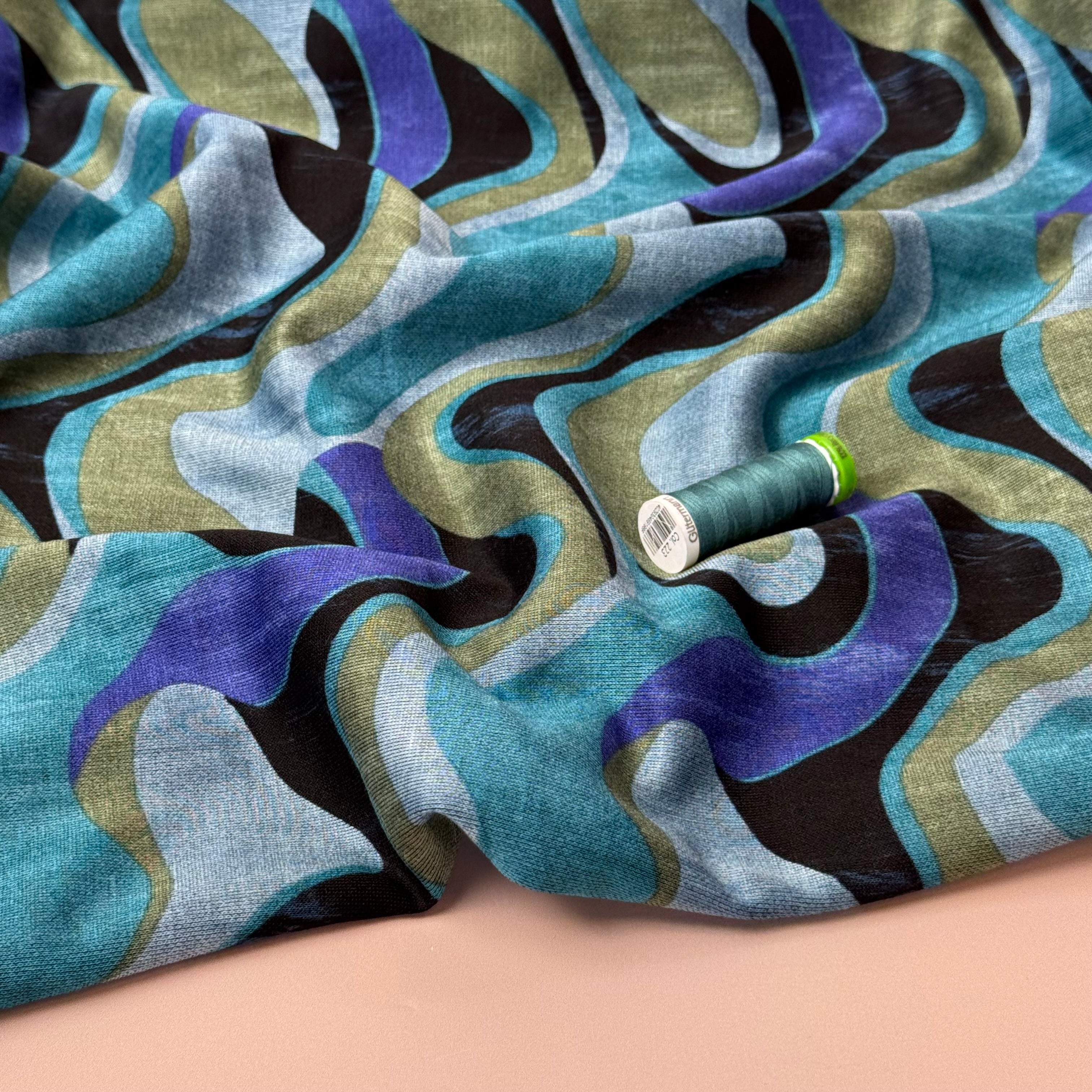 Waves in Teal Soft Ponte Interlock Jersey Fabric