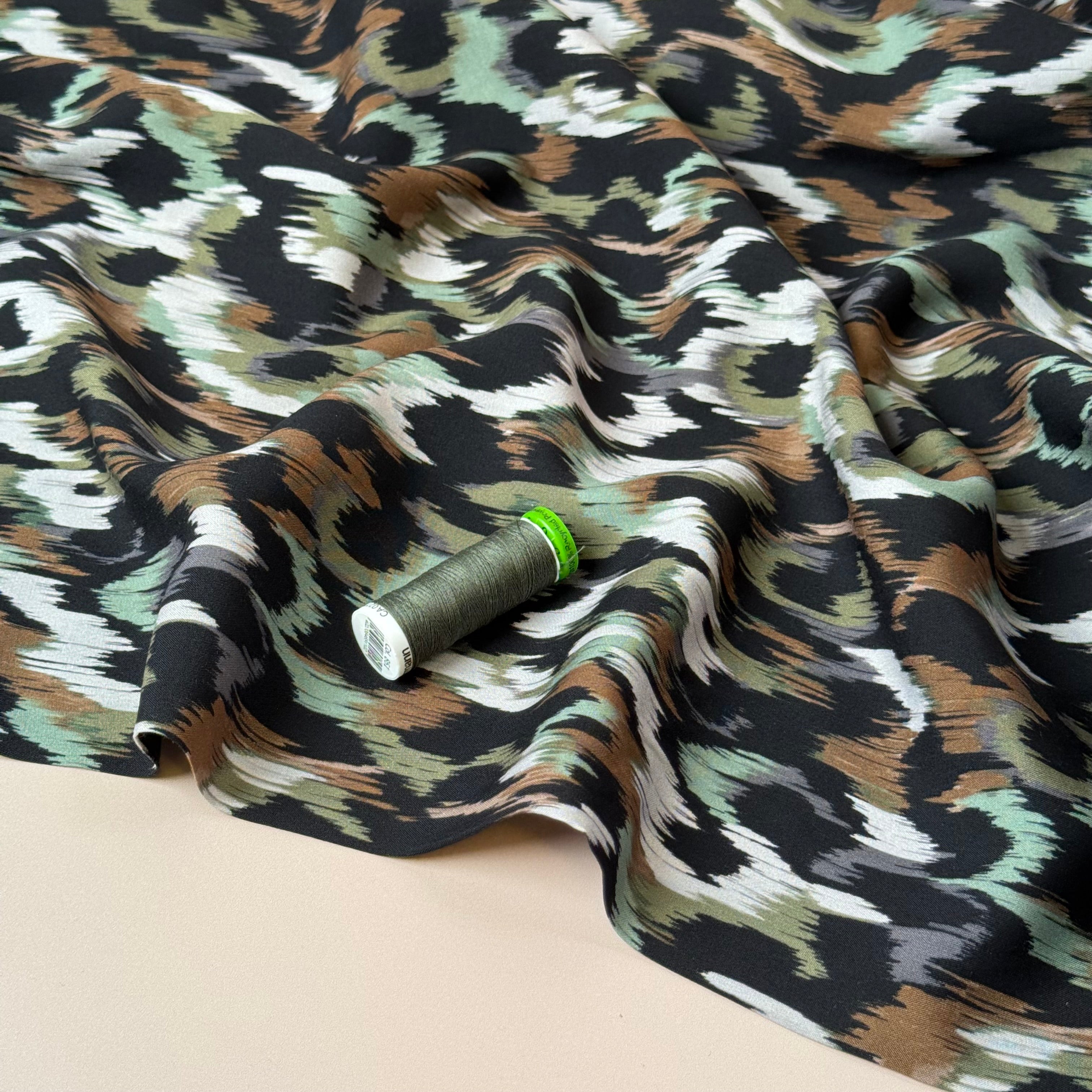 REMNANT 2.10 Metres - Abstract Animal Khaki Viscose Poplin Fabric