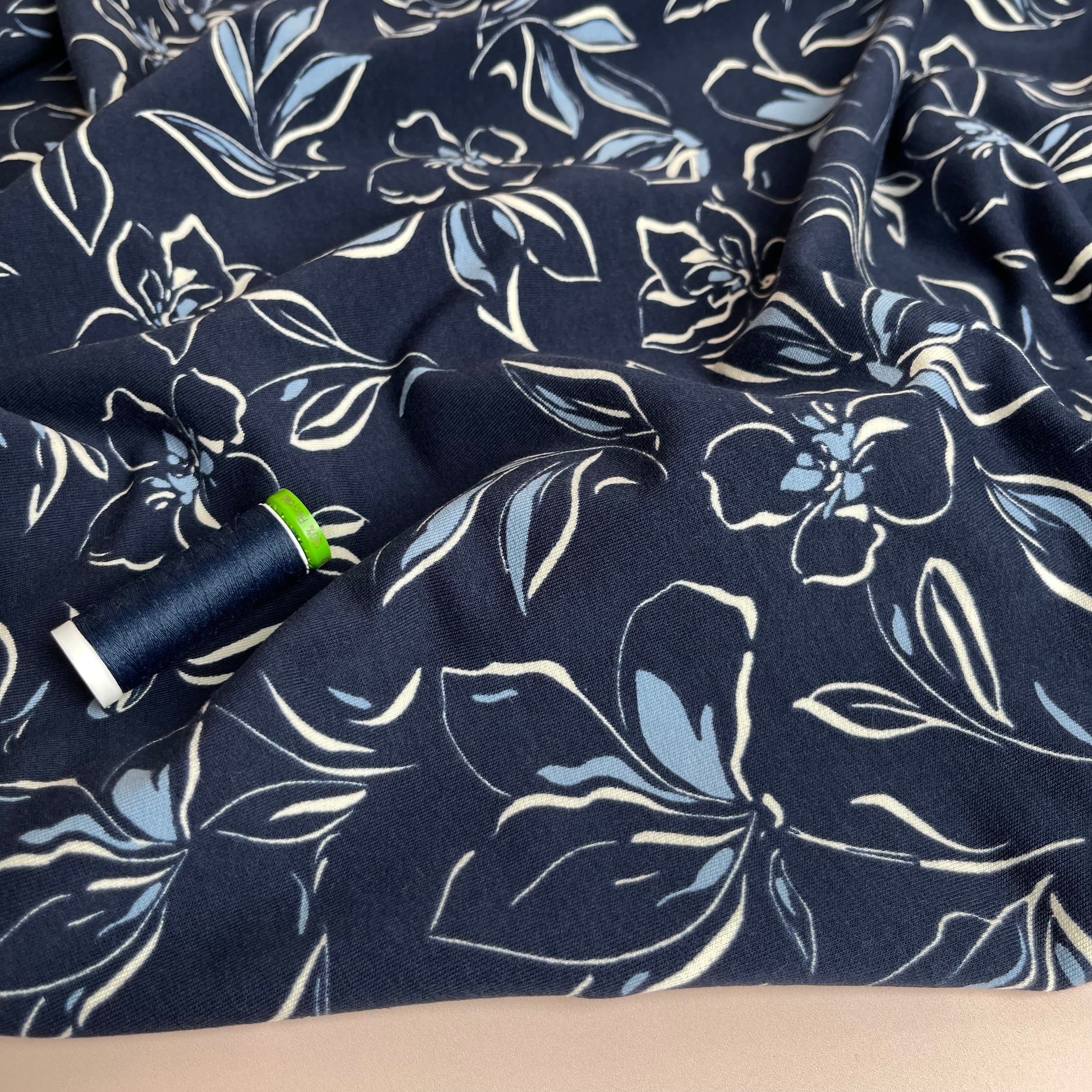 Line Flowers on Navy Recycled Cotton French Terry