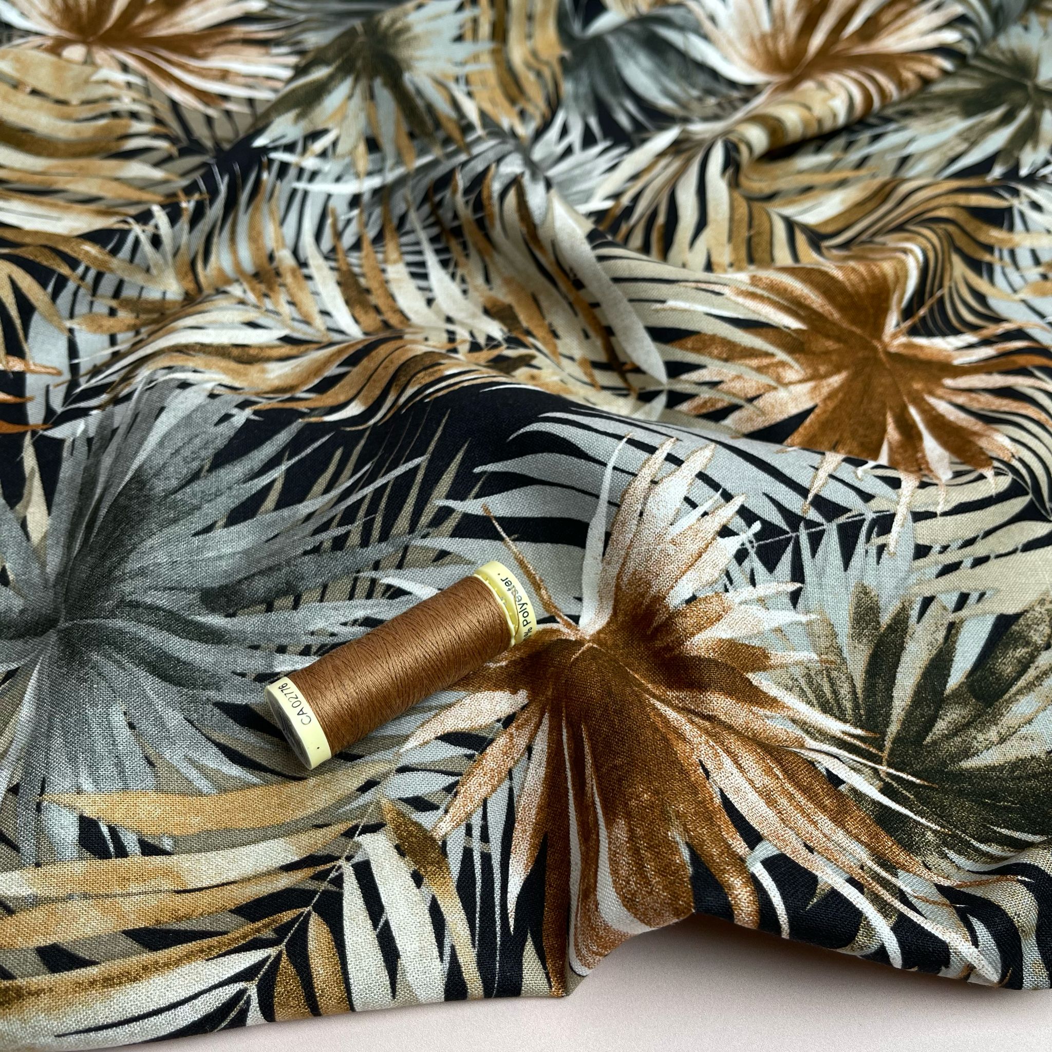 REMNANT 3.09 Metres - Tropical Fan Leaves in Brown Viscose Linen Blend Fabric