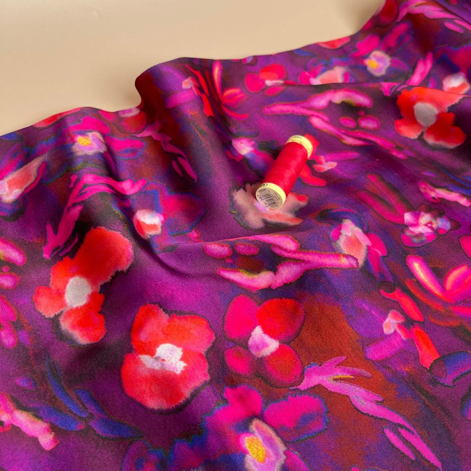 Abstract Petals in Purple Viscose Sateen Fabric